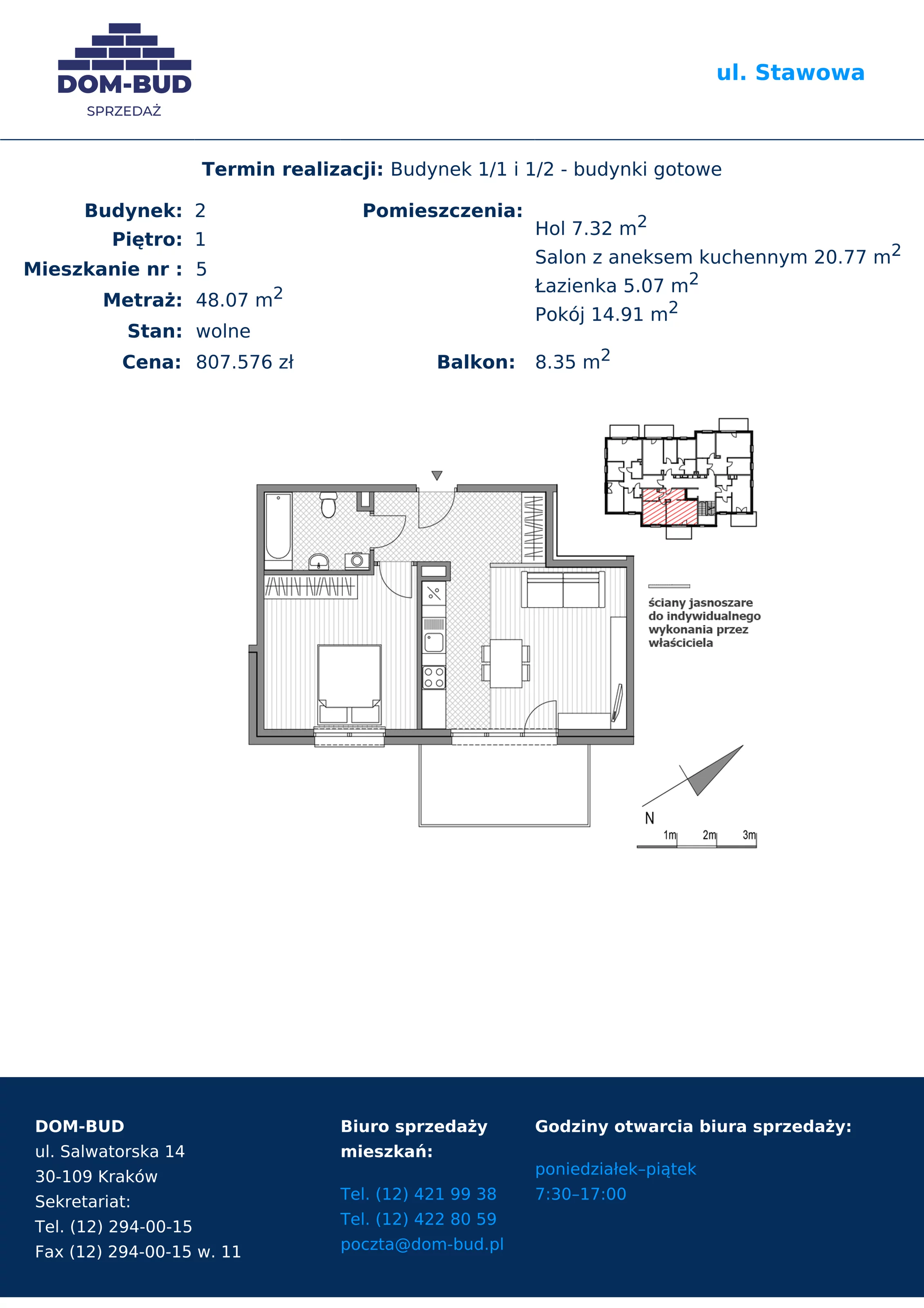 Mieszkanie 48,07 m², piętro 1, oferta nr 1/2-5, ul. Stawowa, Kraków, Prądnik Biały, Bronowice Wielkie, ul. Stawowa 242