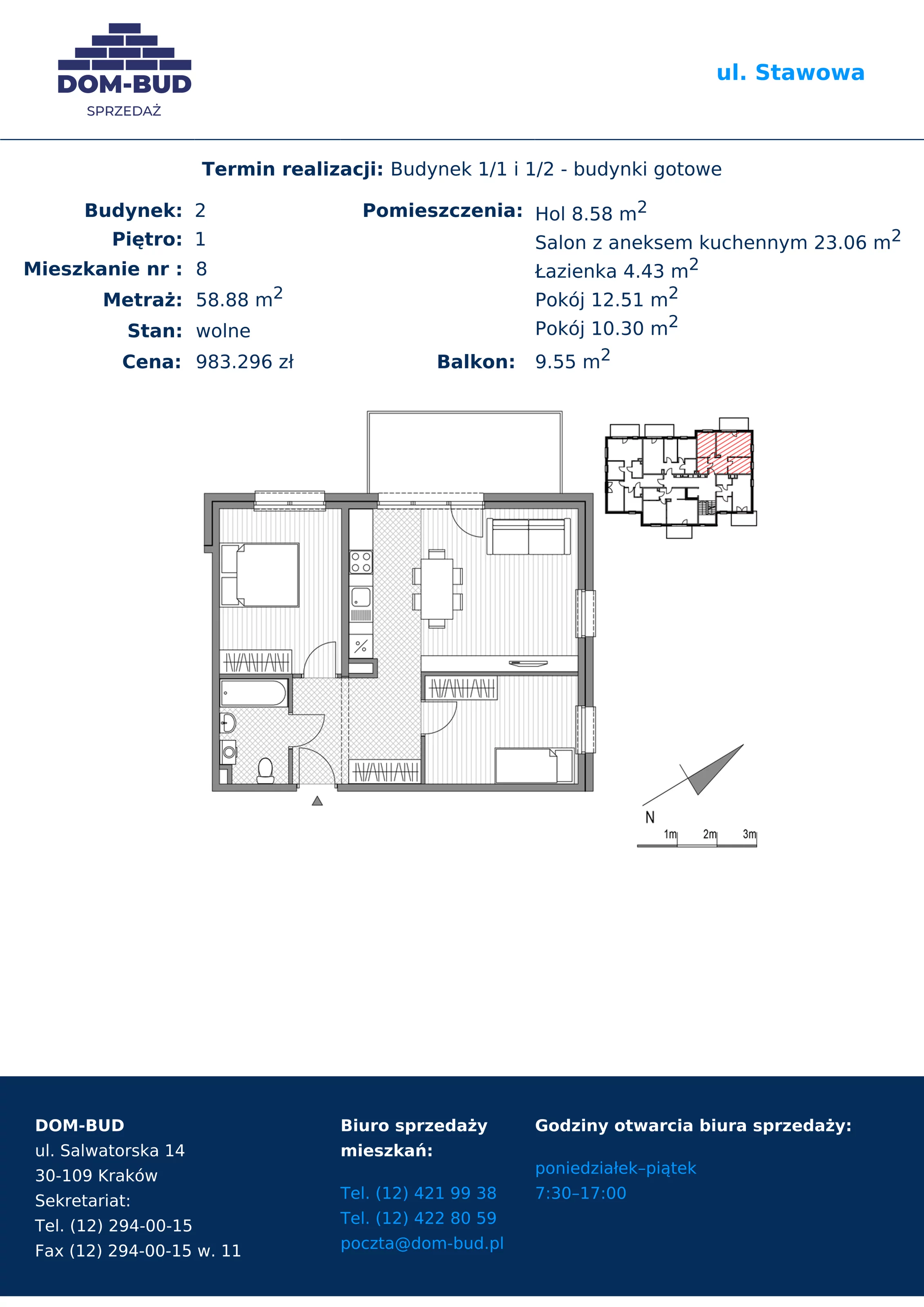 Mieszkanie 58,88 m², piętro 1, oferta nr 1/2-8, ul. Stawowa, Kraków, Prądnik Biały, Bronowice Wielkie, ul. Stawowa 242