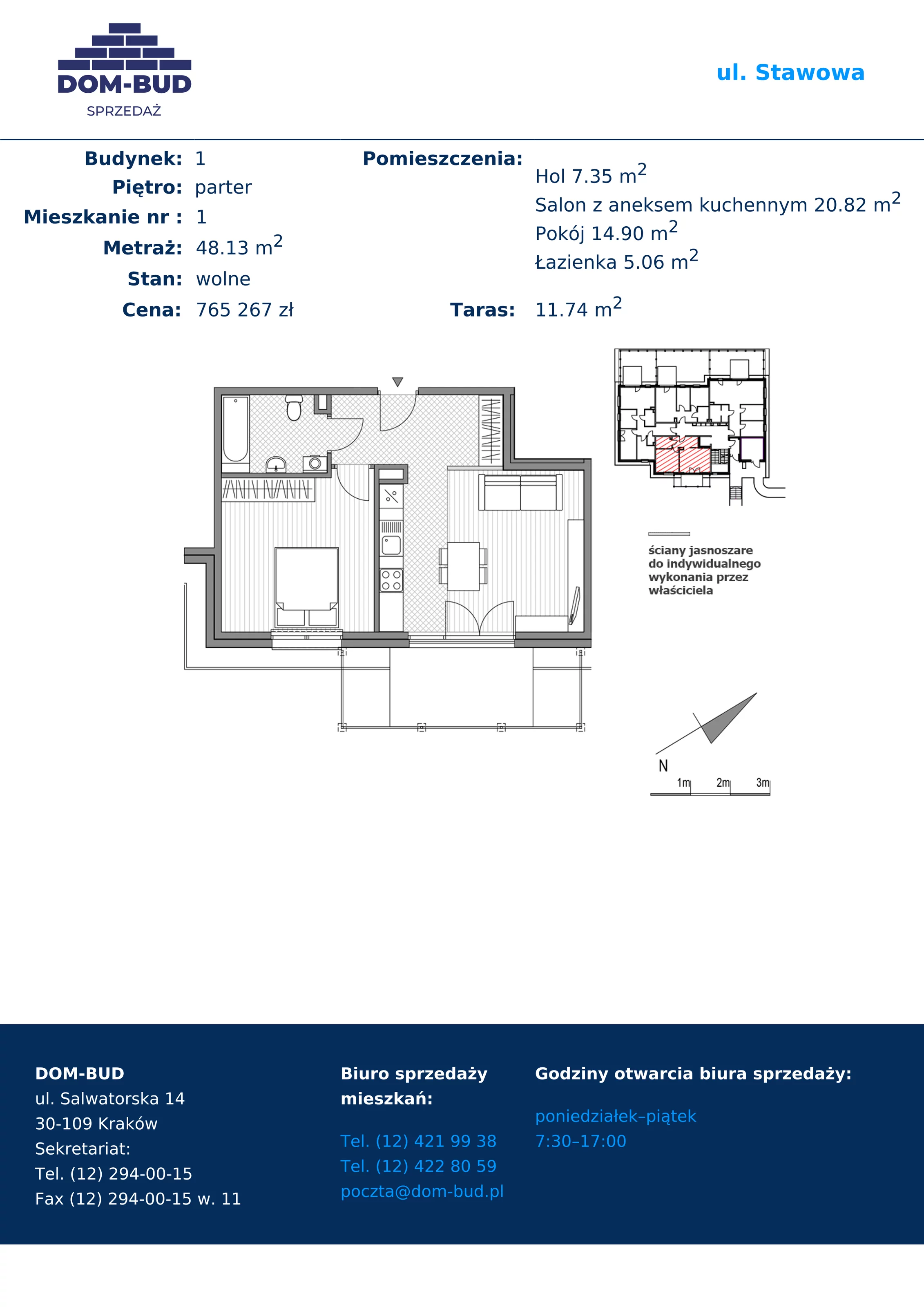 2 pokoje, mieszkanie 48,13 m², parter, oferta nr 1/1-1, ul. Stawowa, Kraków, Prądnik Biały, Bronowice Wielkie, ul. Stawowa 242