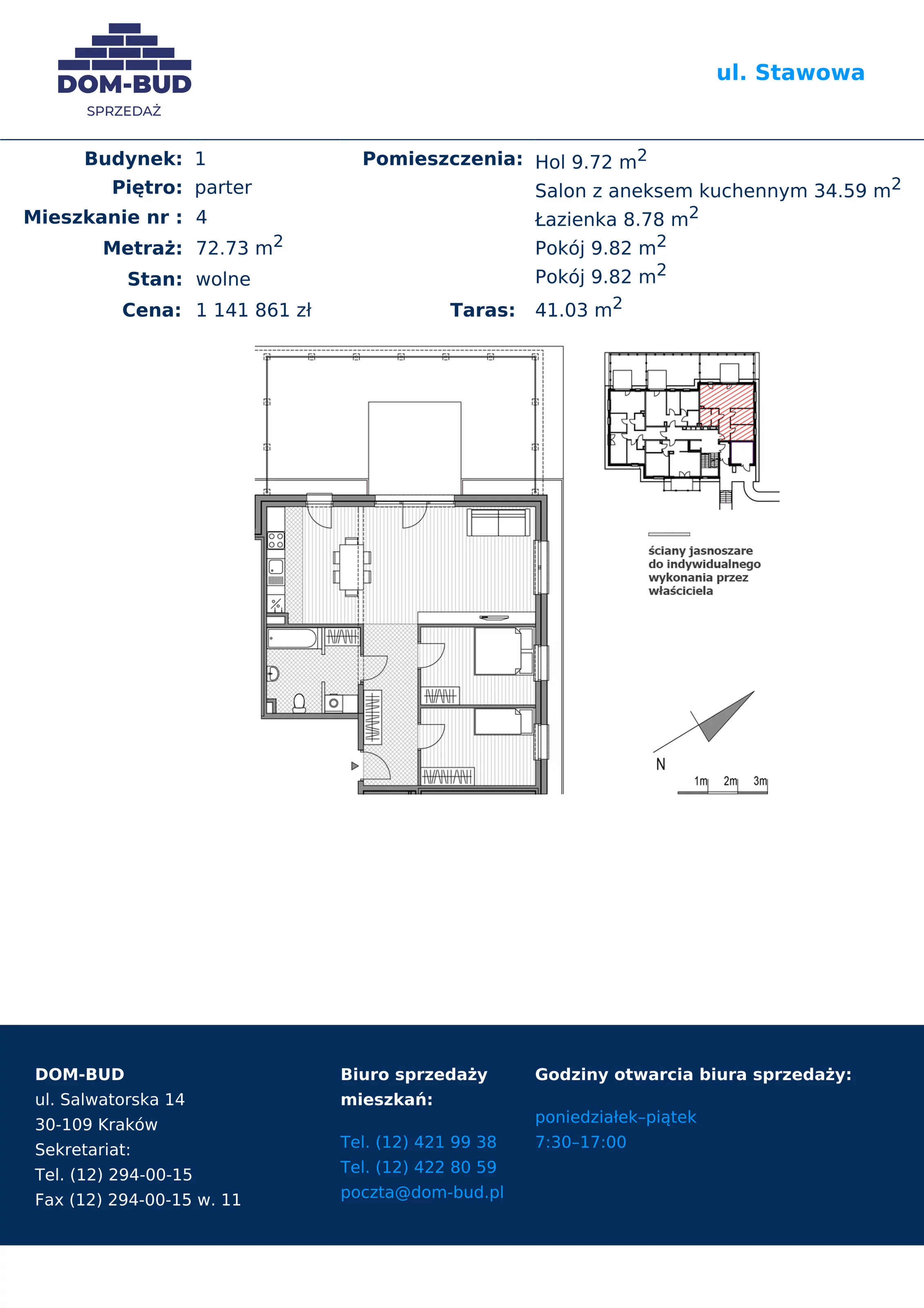 3 pokoje, mieszkanie 72,73 m², parter, oferta nr 1/1-4, ul. Stawowa, Kraków, Prądnik Biały, Bronowice Wielkie, ul. Stawowa 242