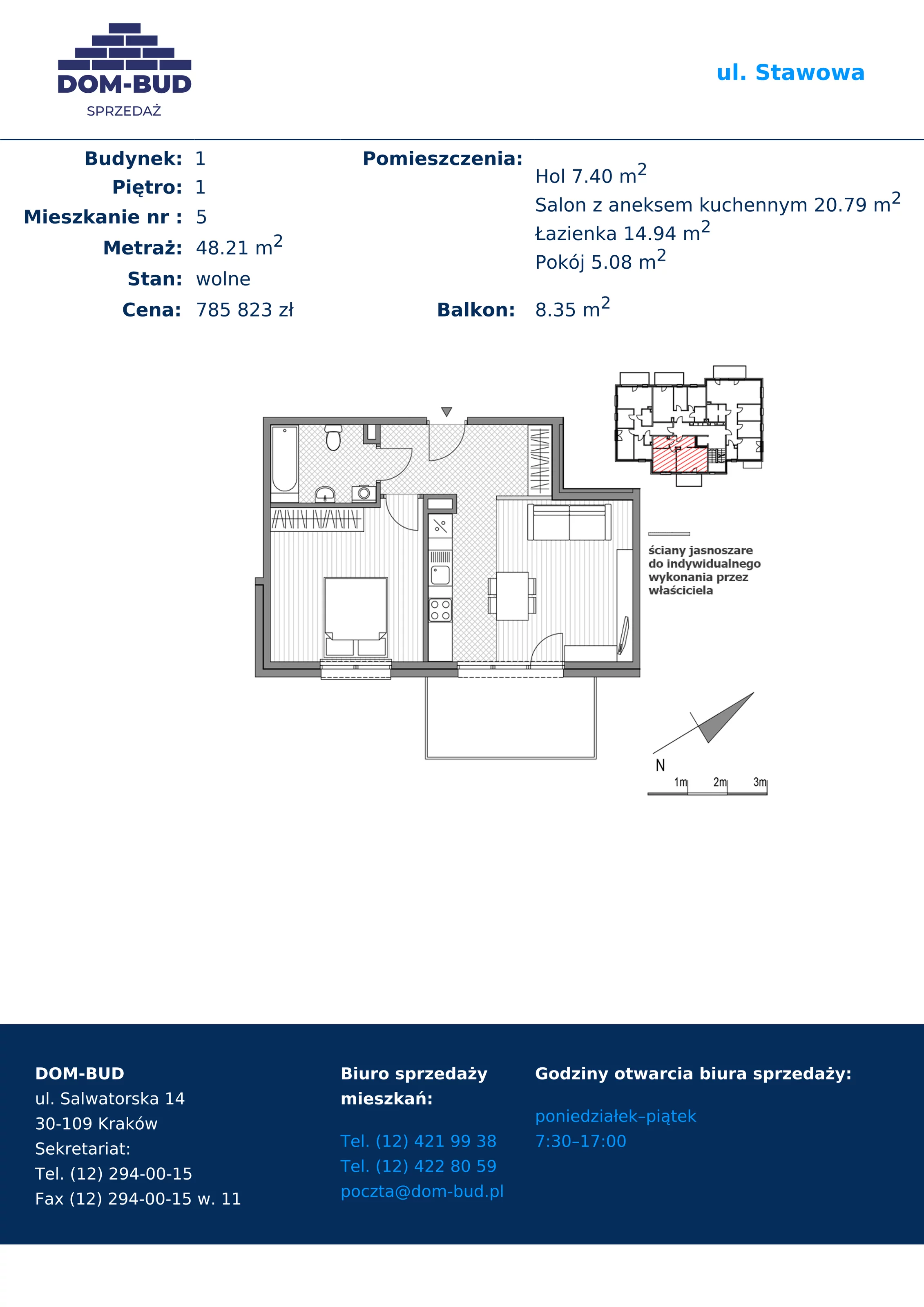 2 pokoje, mieszkanie 48,21 m², piętro 1, oferta nr 1/1-5, ul. Stawowa, Kraków, Prądnik Biały, Bronowice Wielkie, ul. Stawowa 242