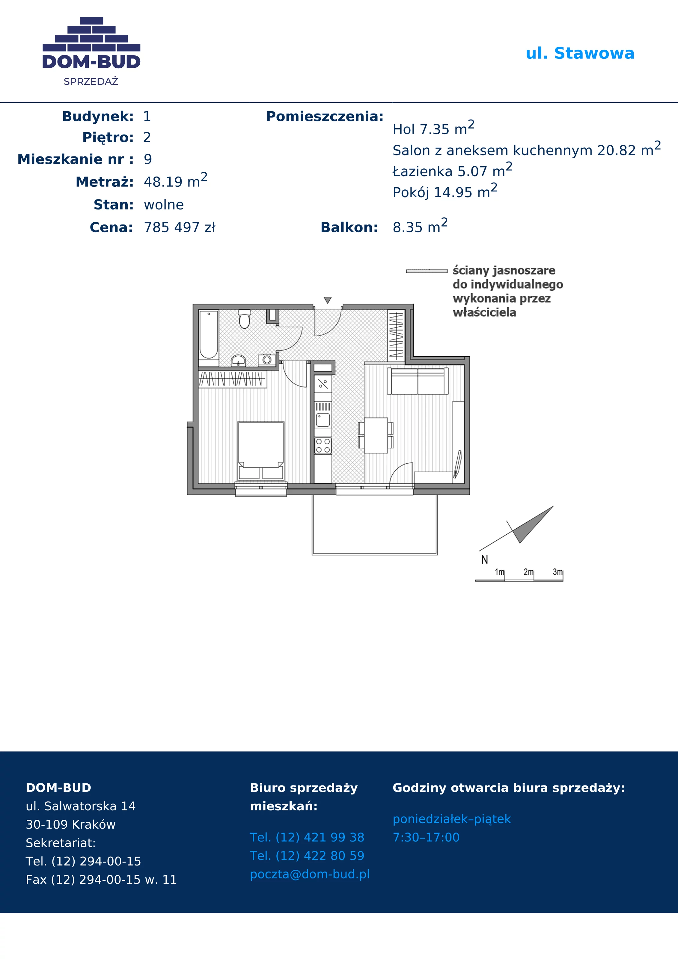 2 pokoje, mieszkanie 48,19 m², piętro 2, oferta nr 1/1-9, ul. Stawowa, Kraków, Prądnik Biały, Bronowice Wielkie, ul. Stawowa 242