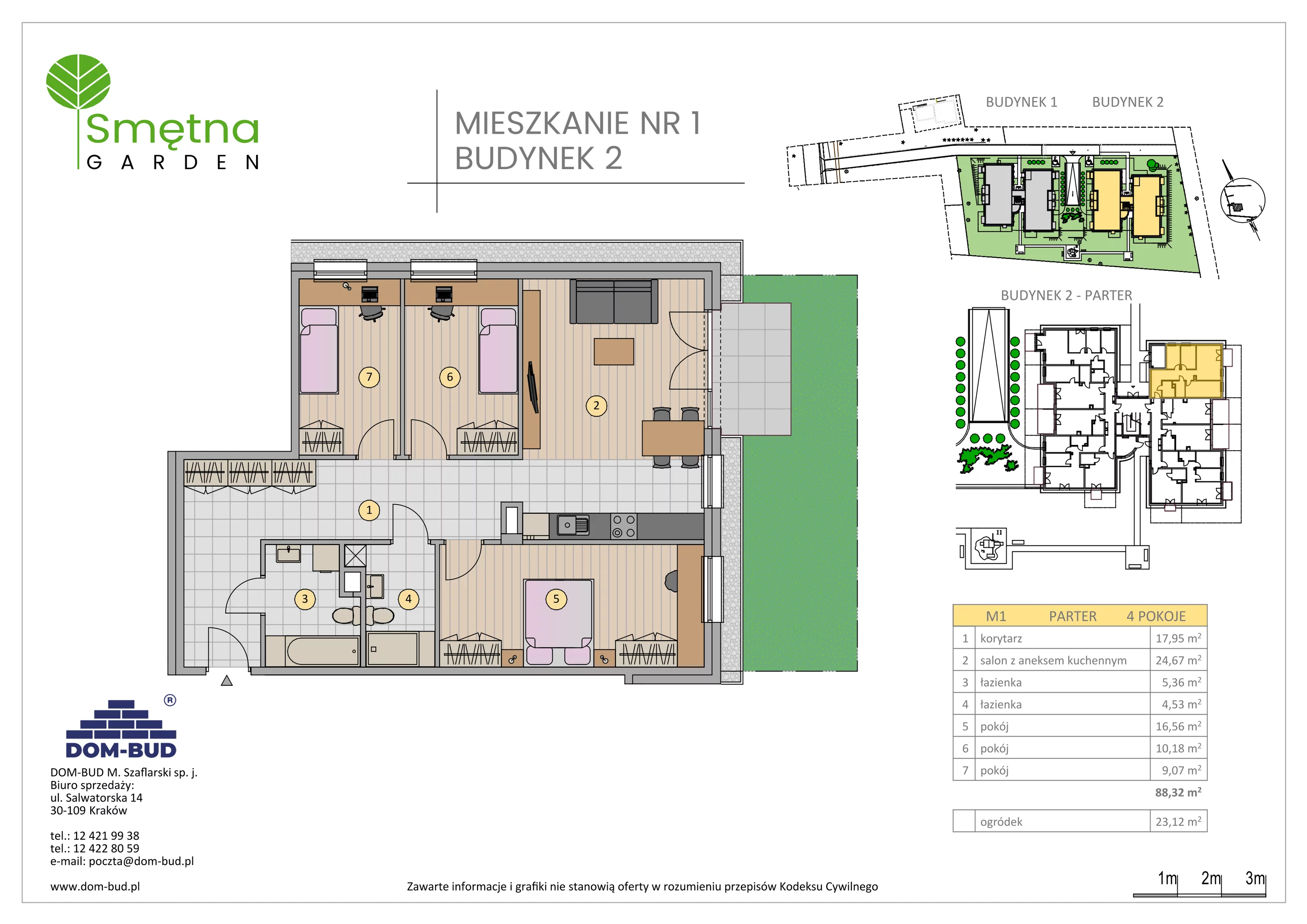 4 pokoje, mieszkanie 88,32 m², parter, oferta nr 1, Smętna Garden, Kraków, Bronowice, Bronowice Wielkie, ul. Smętna 1E/F