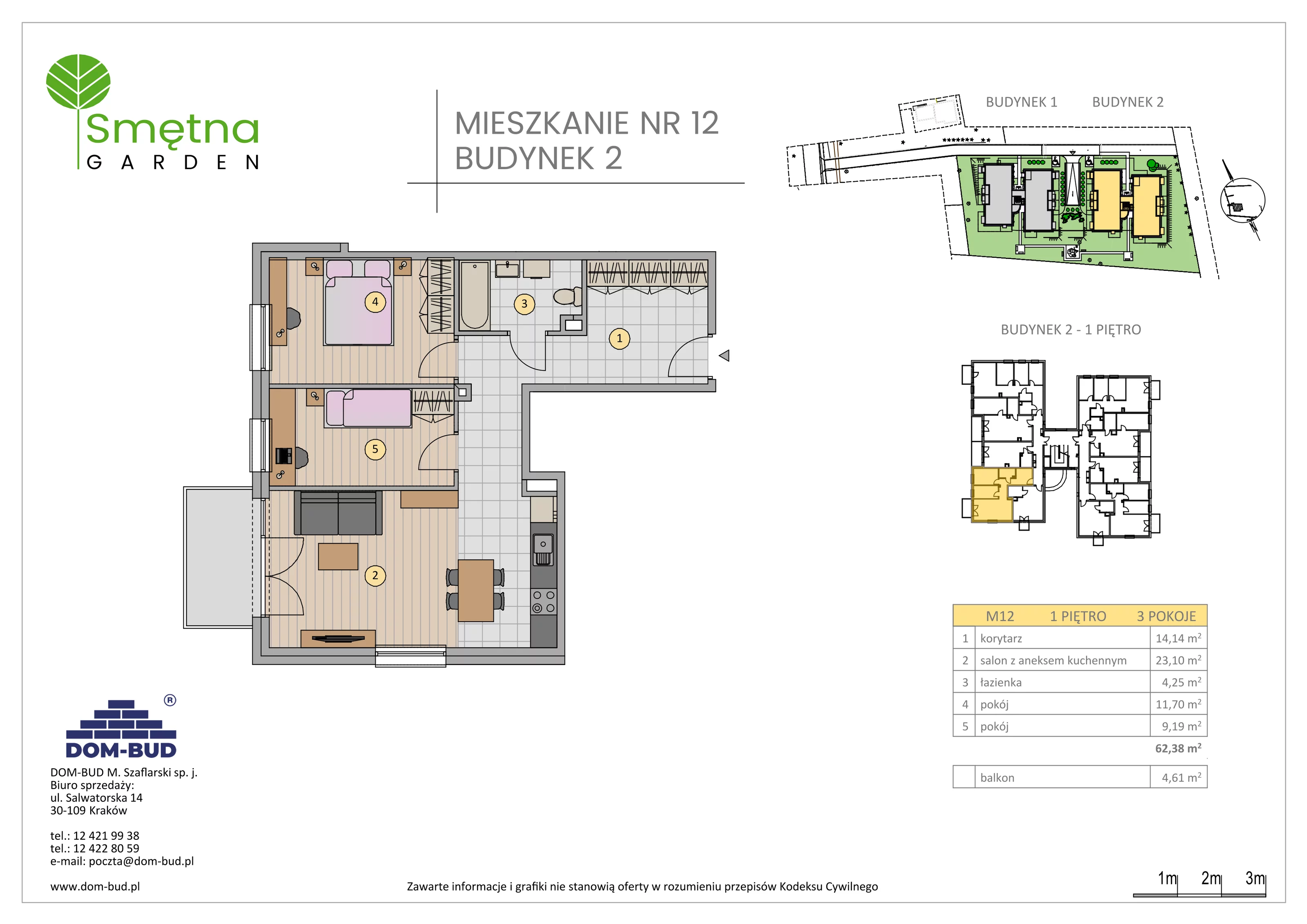 3 pokoje, mieszkanie 62,38 m², piętro 1, oferta nr 12, Smętna Garden, Kraków, Bronowice, Bronowice Wielkie, ul. Smętna 1E/F