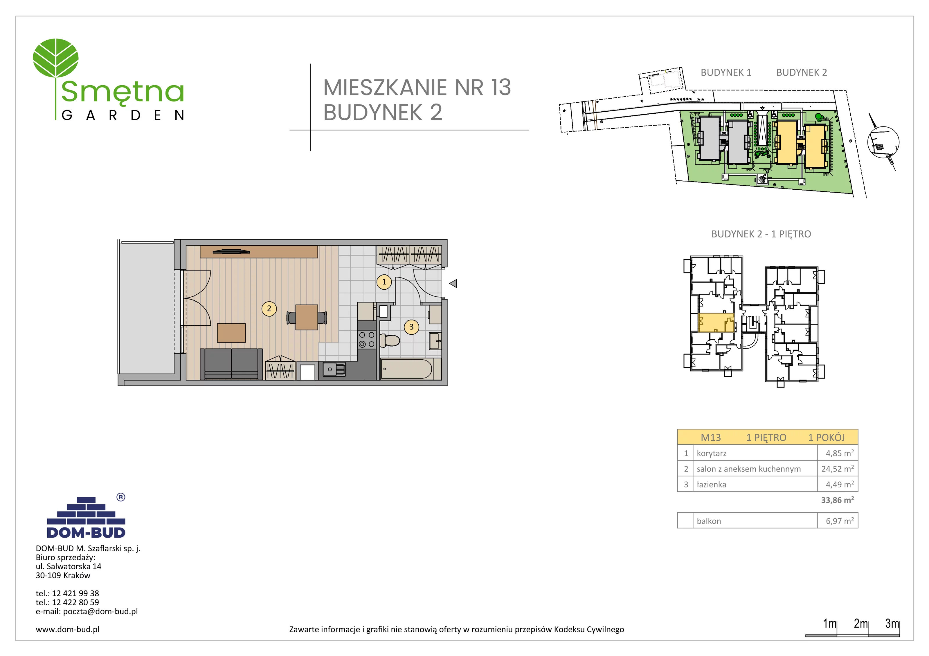 1 pokój, mieszkanie 33,86 m², piętro 1, oferta nr 13, Smętna Garden, Kraków, Bronowice, Bronowice Wielkie, ul. Smętna 1E/F
