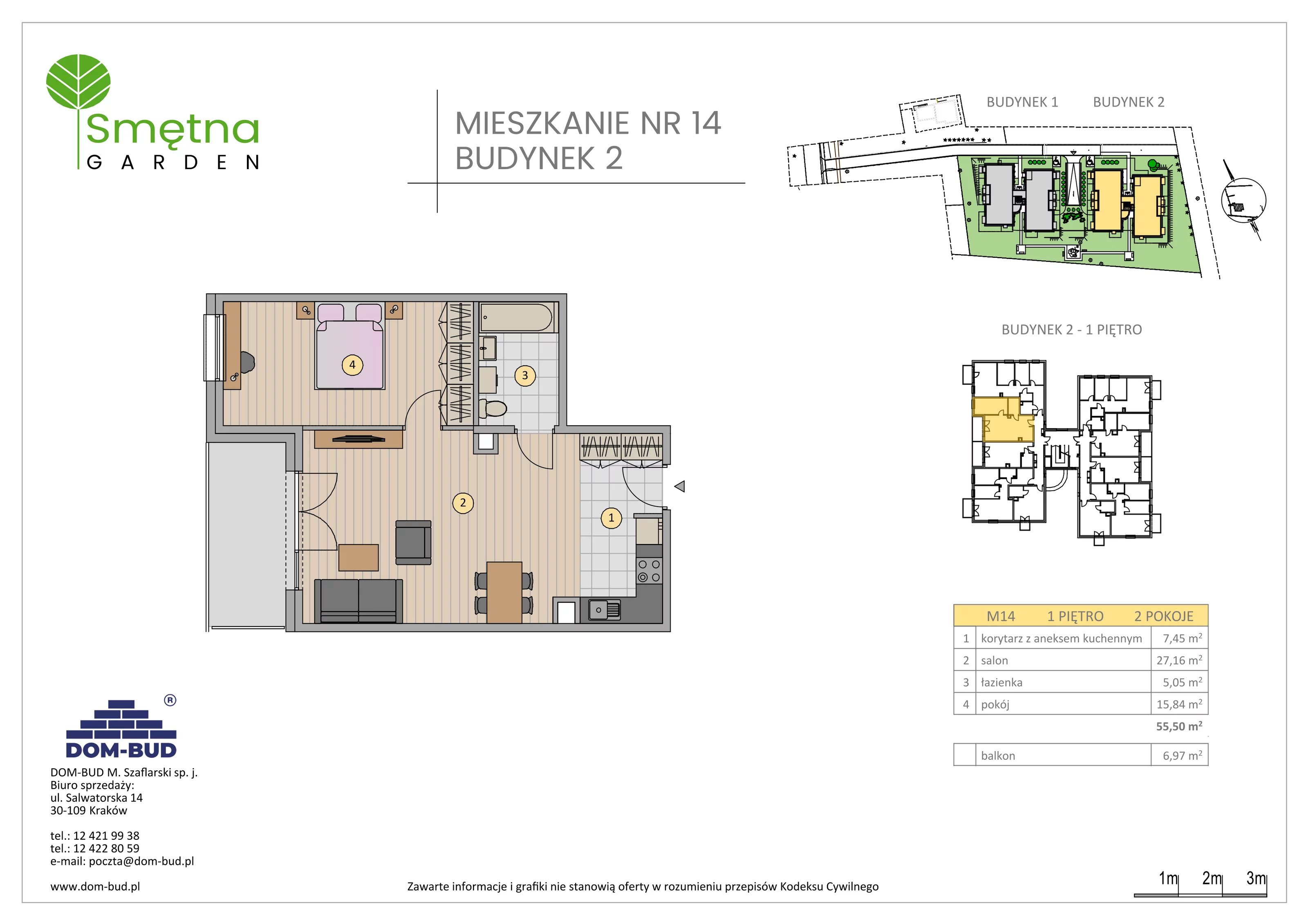 2 pokoje, mieszkanie 55,50 m², piętro 1, oferta nr 14, Smętna Garden, Kraków, Bronowice, Bronowice Wielkie, ul. Smętna 1E/F