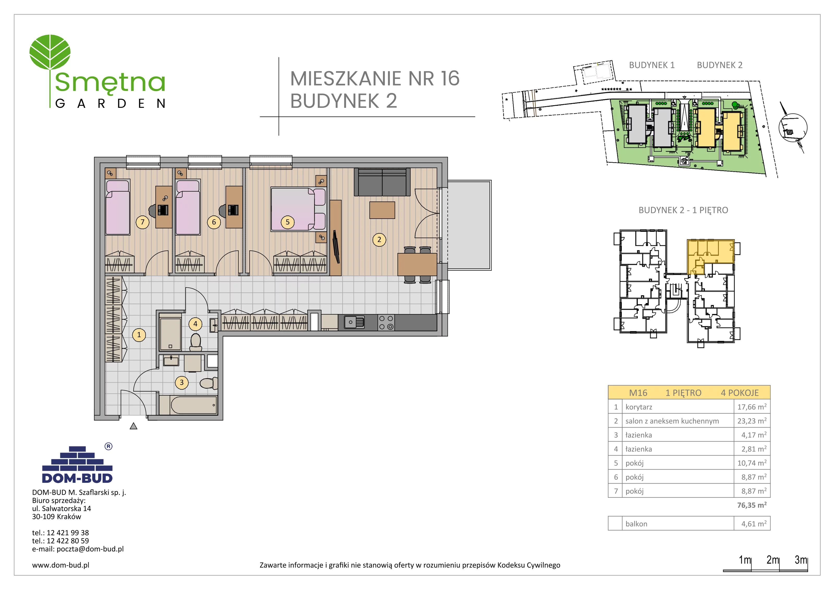 4 pokoje, mieszkanie 76,35 m², piętro 1, oferta nr 16, Smętna Garden, Kraków, Bronowice, Bronowice Wielkie, ul. Smętna 1E/F