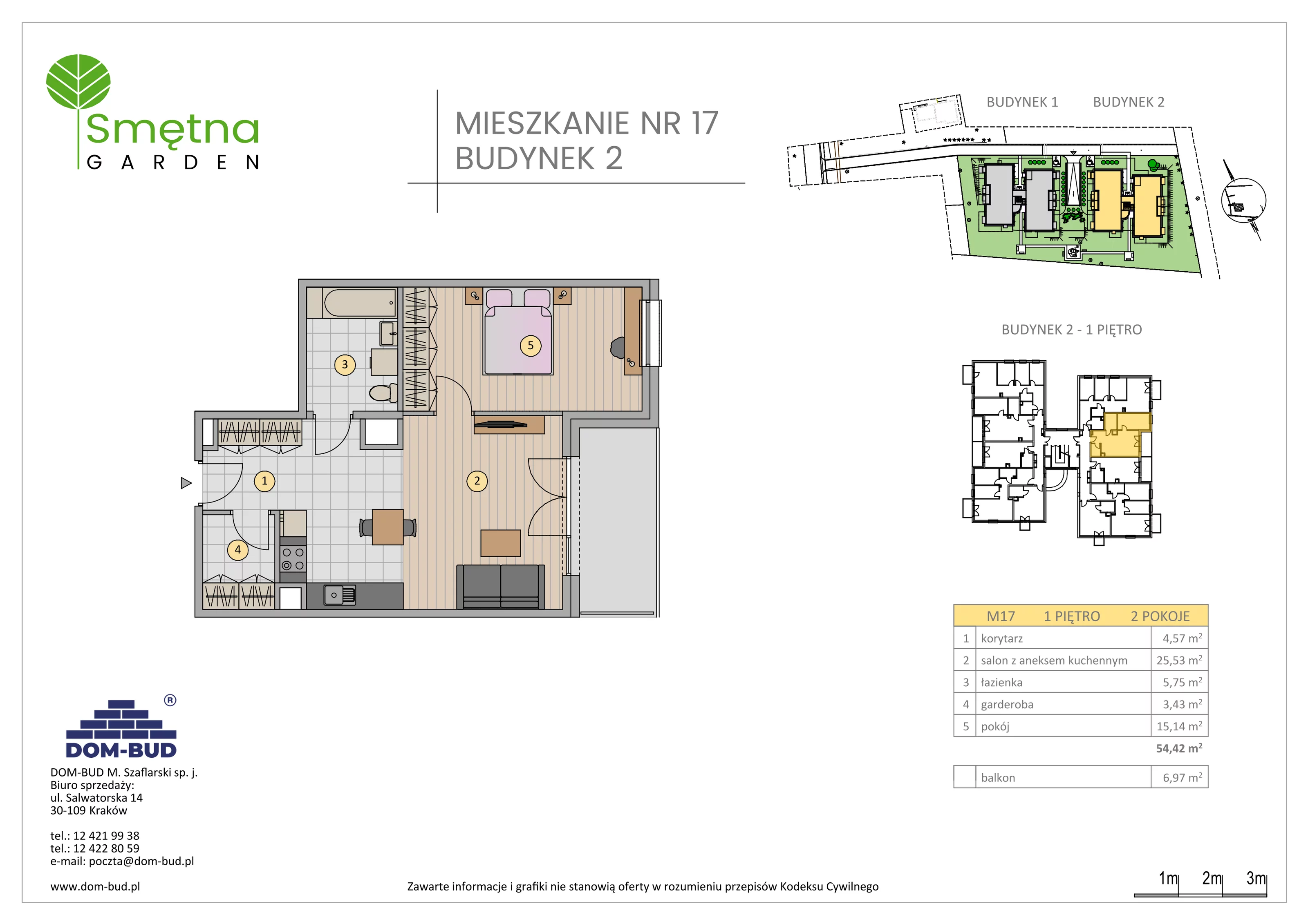 2 pokoje, mieszkanie 54,42 m², piętro 1, oferta nr 17, Smętna Garden, Kraków, Bronowice, Bronowice Wielkie, ul. Smętna 1E/F
