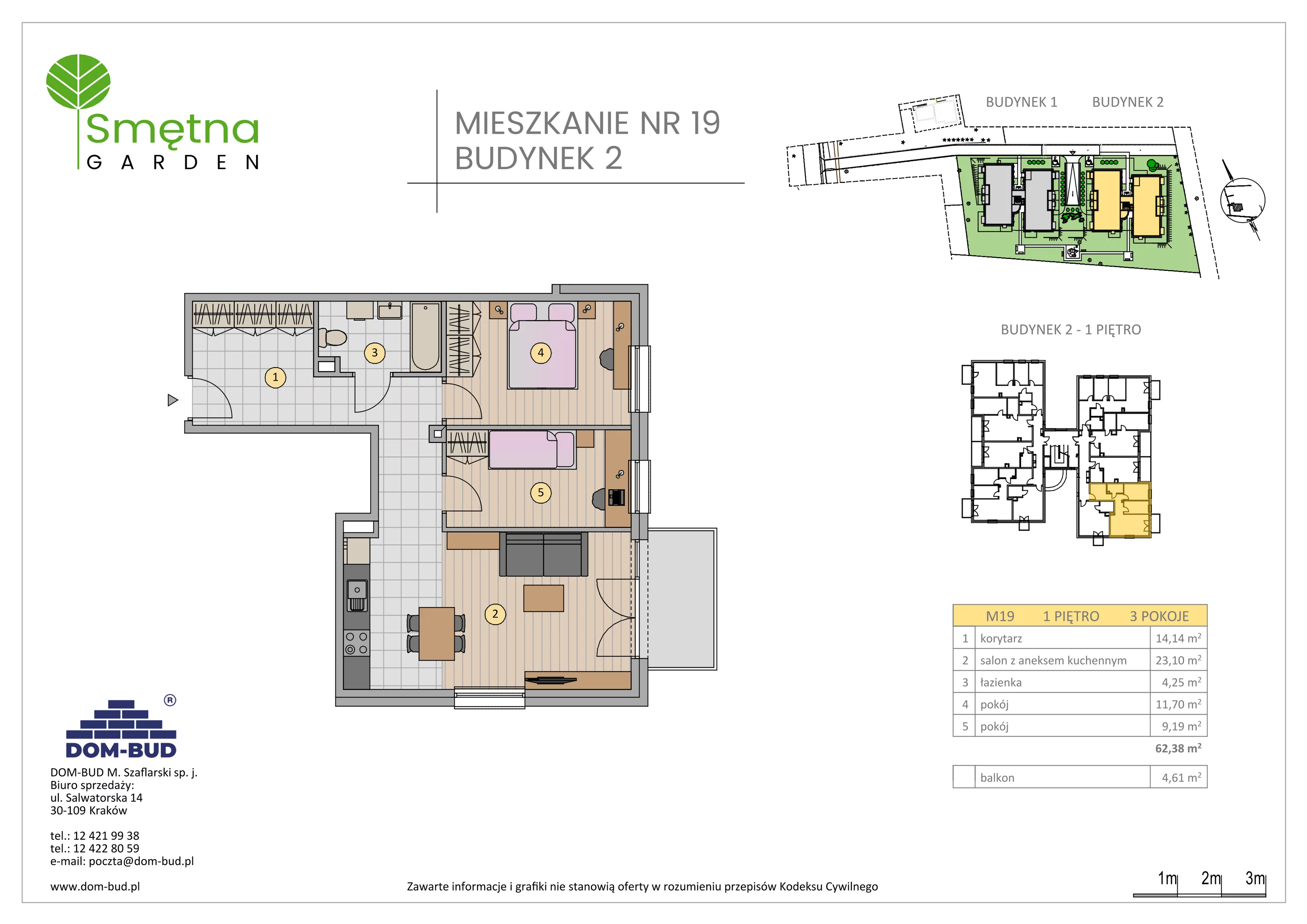 3 pokoje, mieszkanie 62,38 m², piętro 1, oferta nr 19, Smętna Garden, Kraków, Bronowice, Bronowice Wielkie, ul. Smętna 1E/F