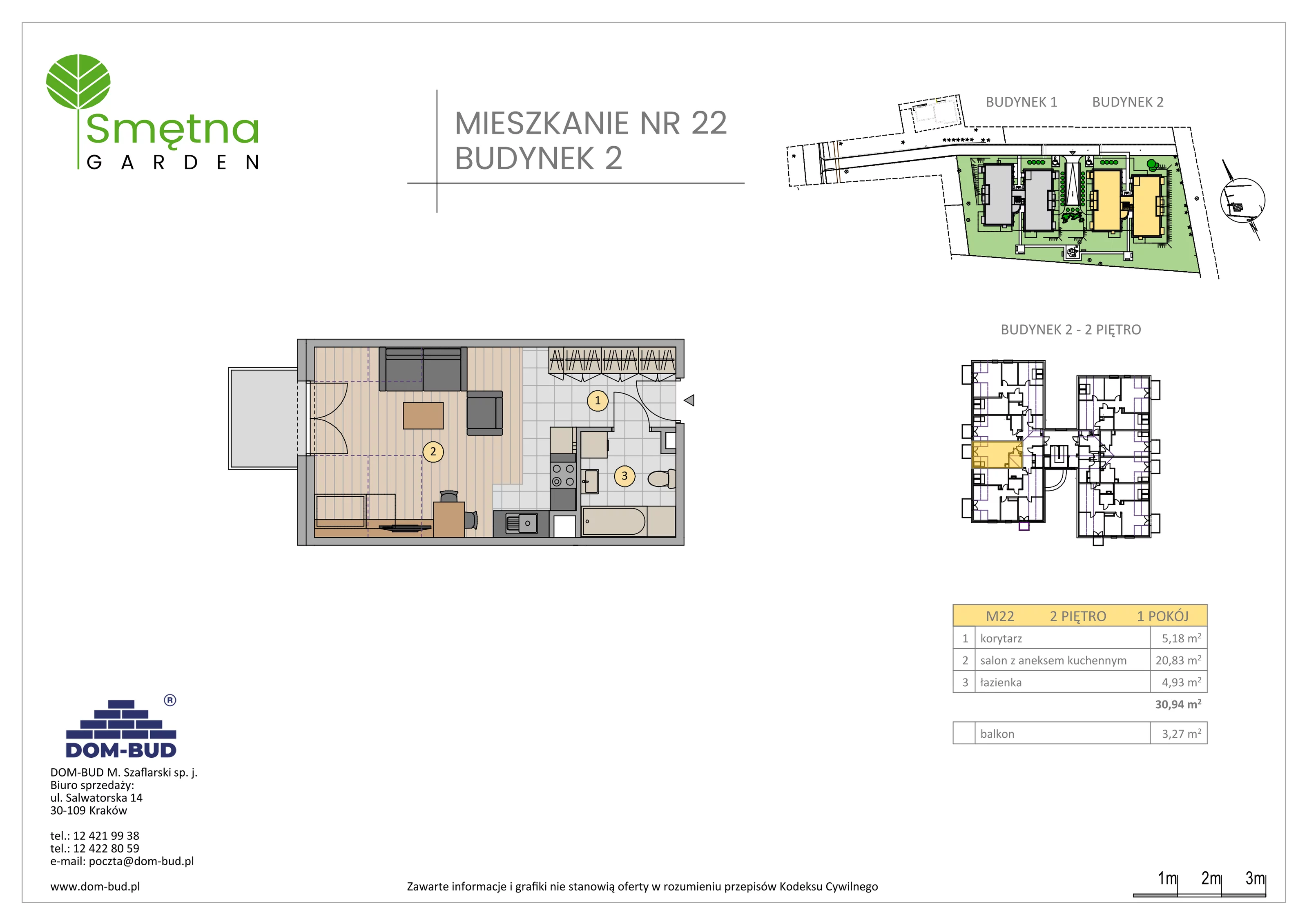 1 pokój, mieszkanie 30,94 m², piętro 2, oferta nr 22, Smętna Garden, Kraków, Bronowice, Bronowice Wielkie, ul. Smętna 1E/F