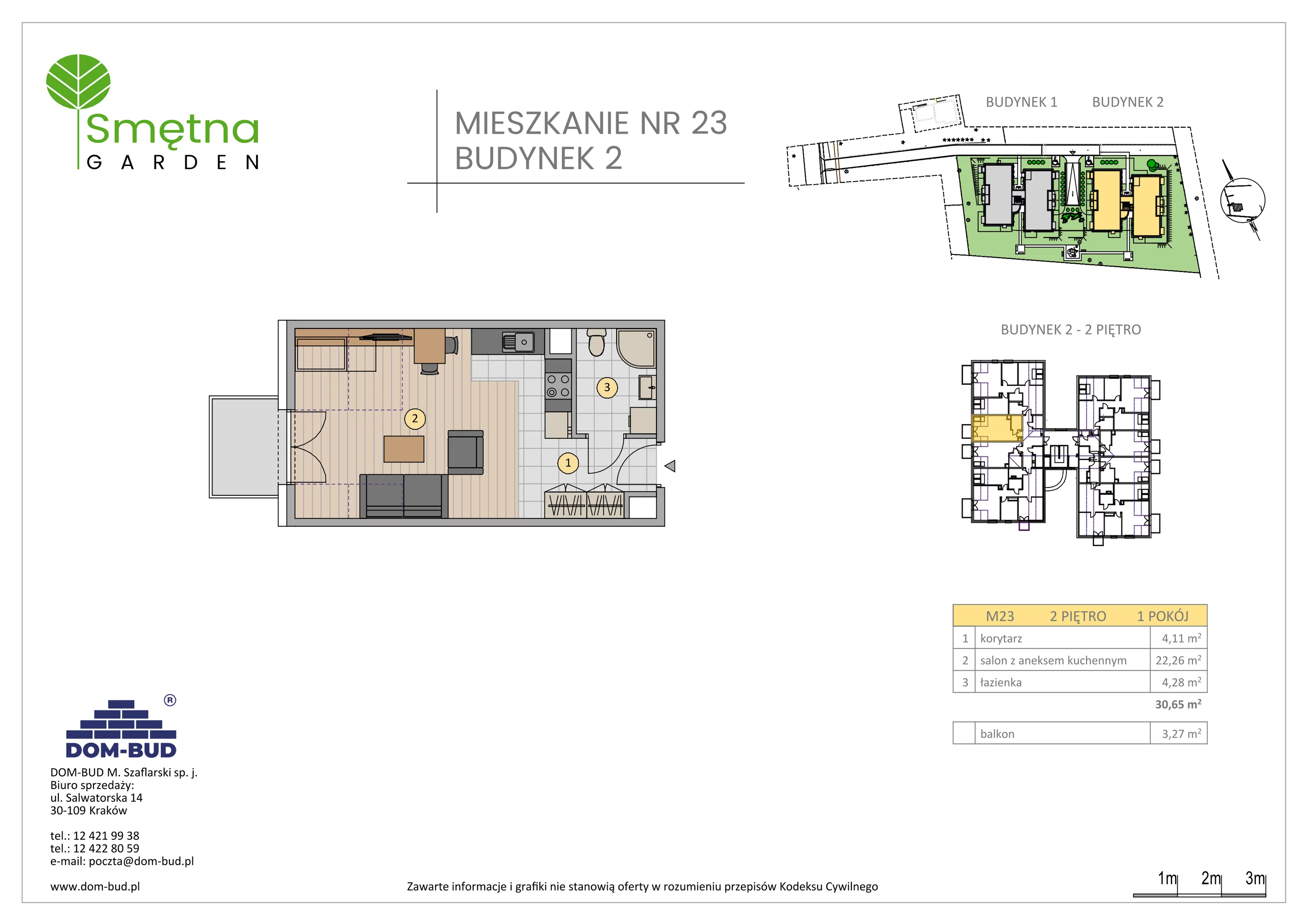 1 pokój, mieszkanie 30,65 m², piętro 2, oferta nr 23, Smętna Garden, Kraków, Bronowice, Bronowice Wielkie, ul. Smętna 1E/F