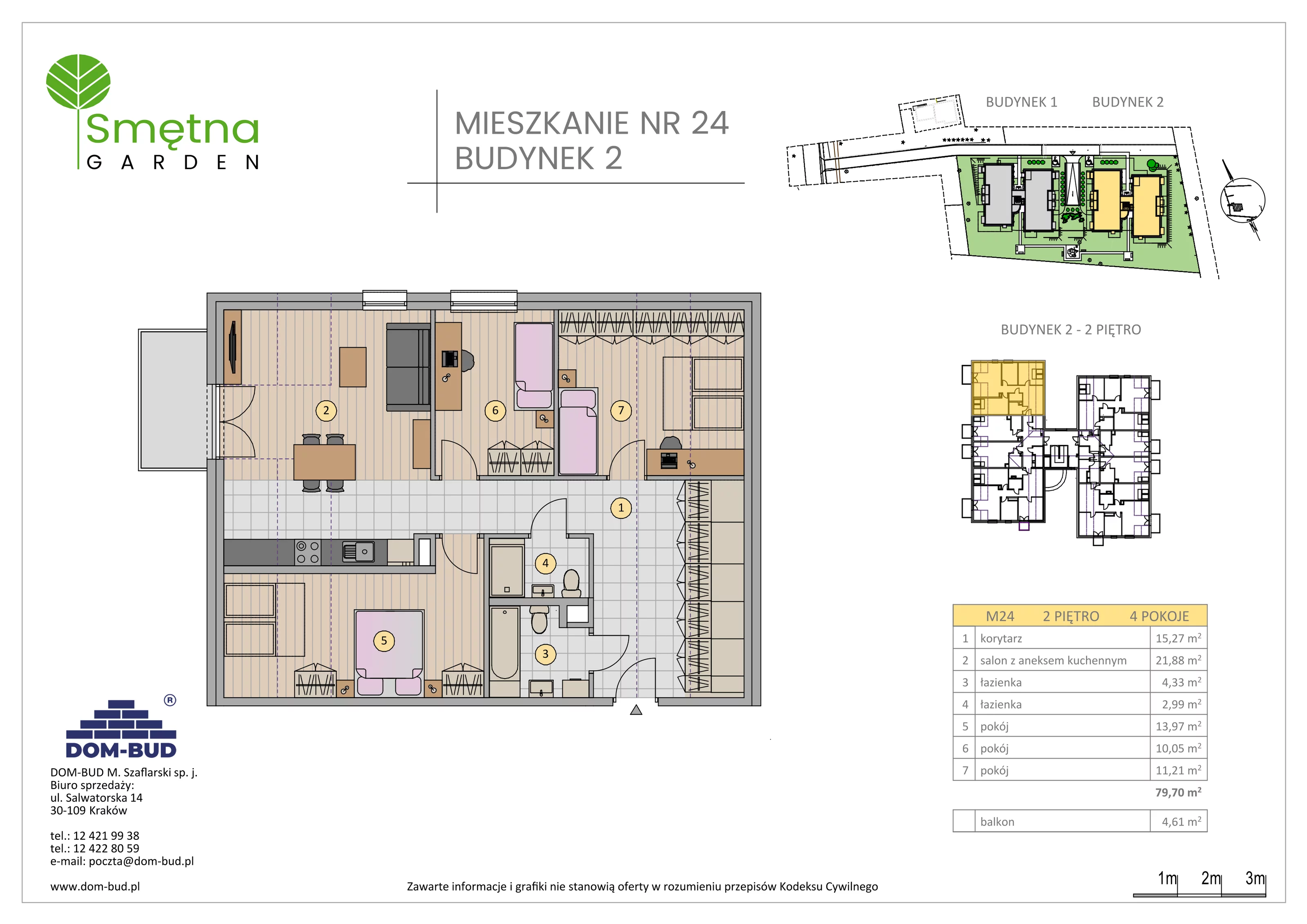 4 pokoje, mieszkanie 79,70 m², piętro 2, oferta nr 24, Smętna Garden, Kraków, Bronowice, Bronowice Wielkie, ul. Smętna 1E/F