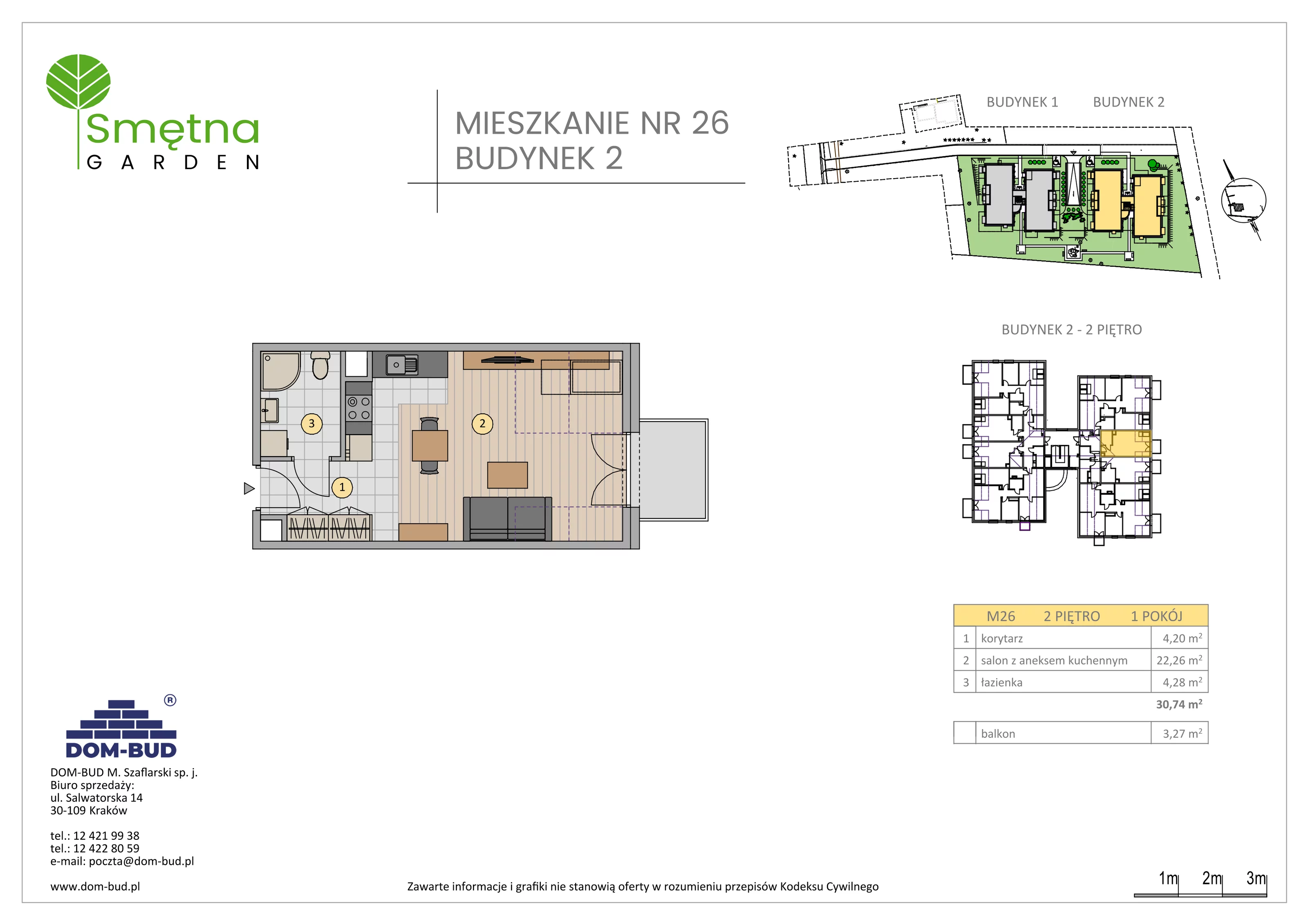 1 pokój, mieszkanie 30,74 m², piętro 2, oferta nr 26, Smętna Garden, Kraków, Bronowice, Bronowice Wielkie, ul. Smętna 1E/F