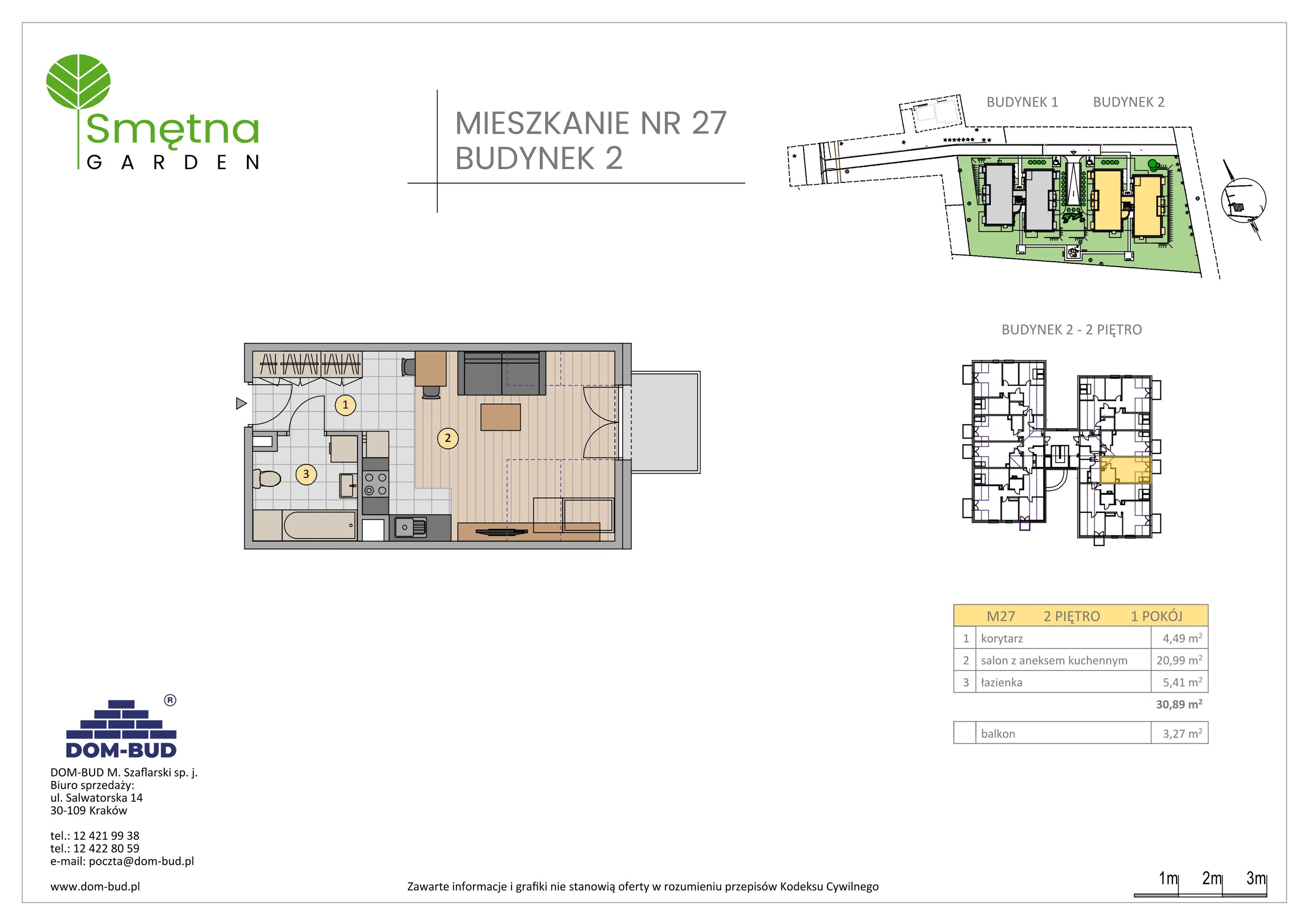 1 pokój, mieszkanie 30,89 m², piętro 2, oferta nr 27, Smętna Garden, Kraków, Bronowice, Bronowice Wielkie, ul. Smętna 1E/F