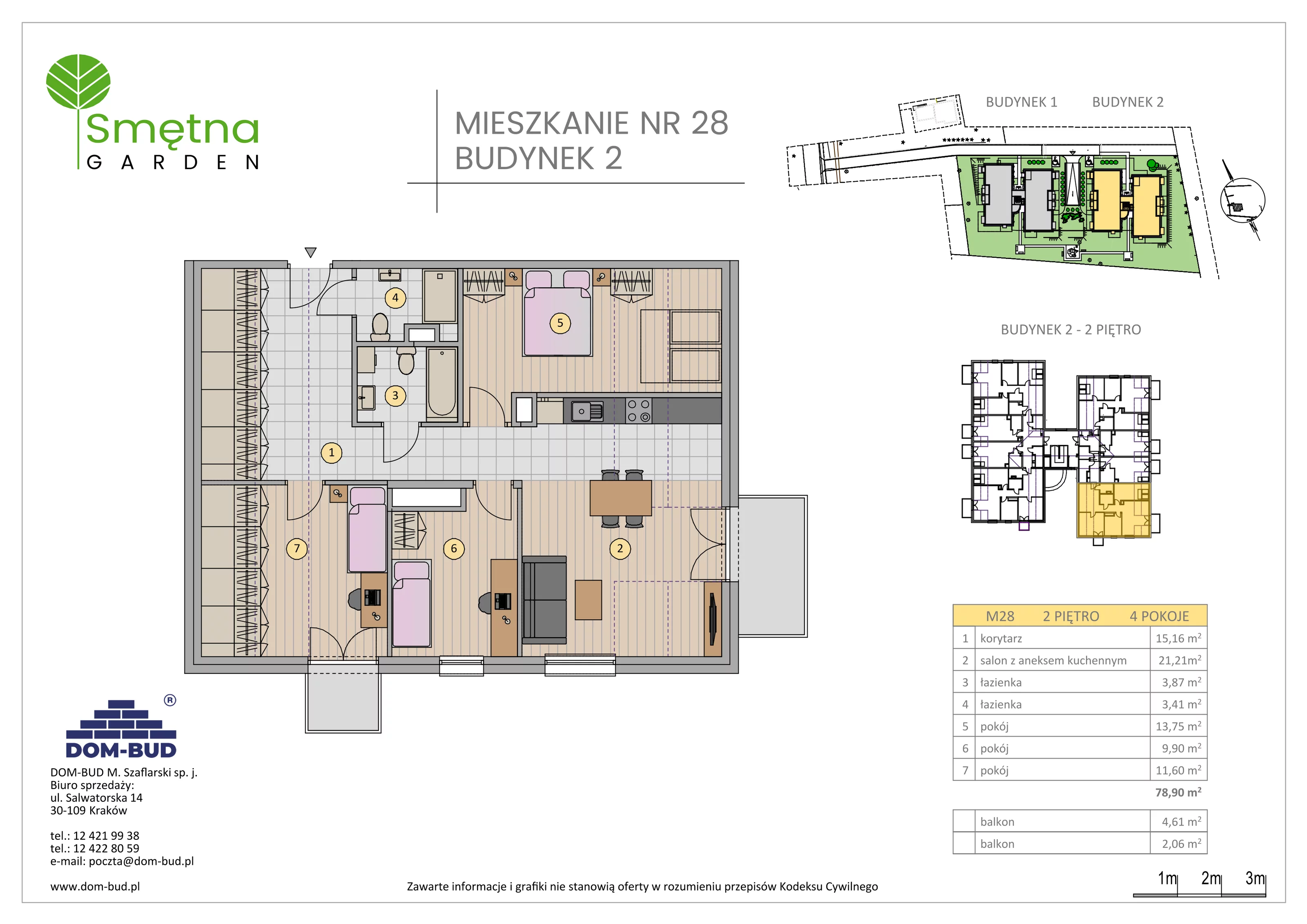 4 pokoje, mieszkanie 78,90 m², piętro 2, oferta nr 28, Smętna Garden, Kraków, Bronowice, Bronowice Wielkie, ul. Smętna 1E/F
