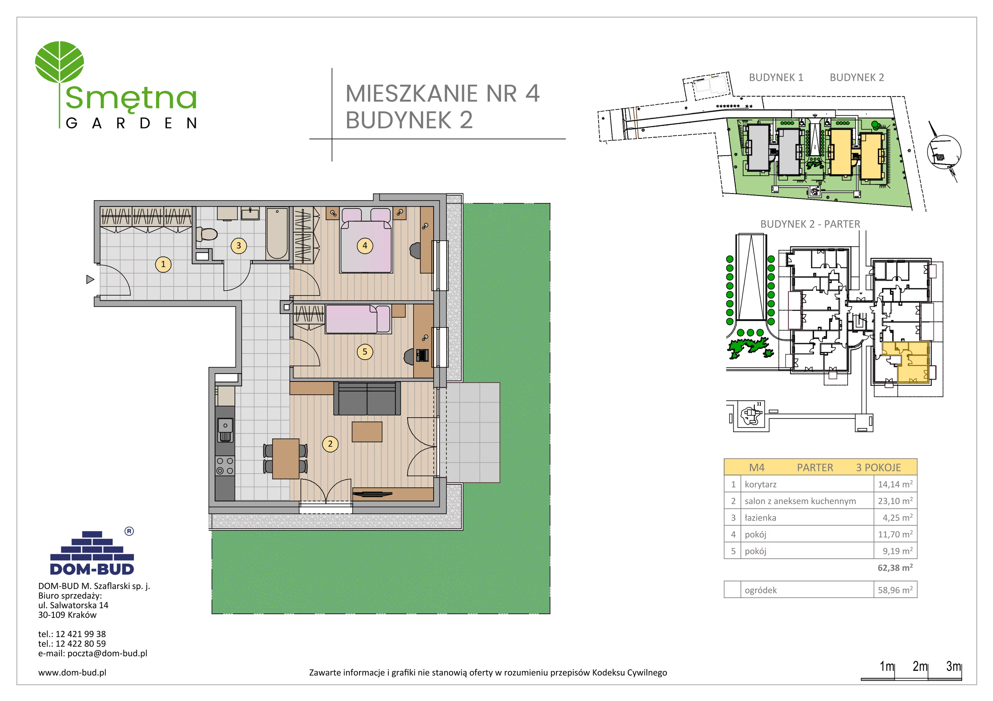 3 pokoje, mieszkanie 62,38 m², parter, oferta nr 4, Smętna Garden, Kraków, Bronowice, Bronowice Wielkie, ul. Smętna 1E/F