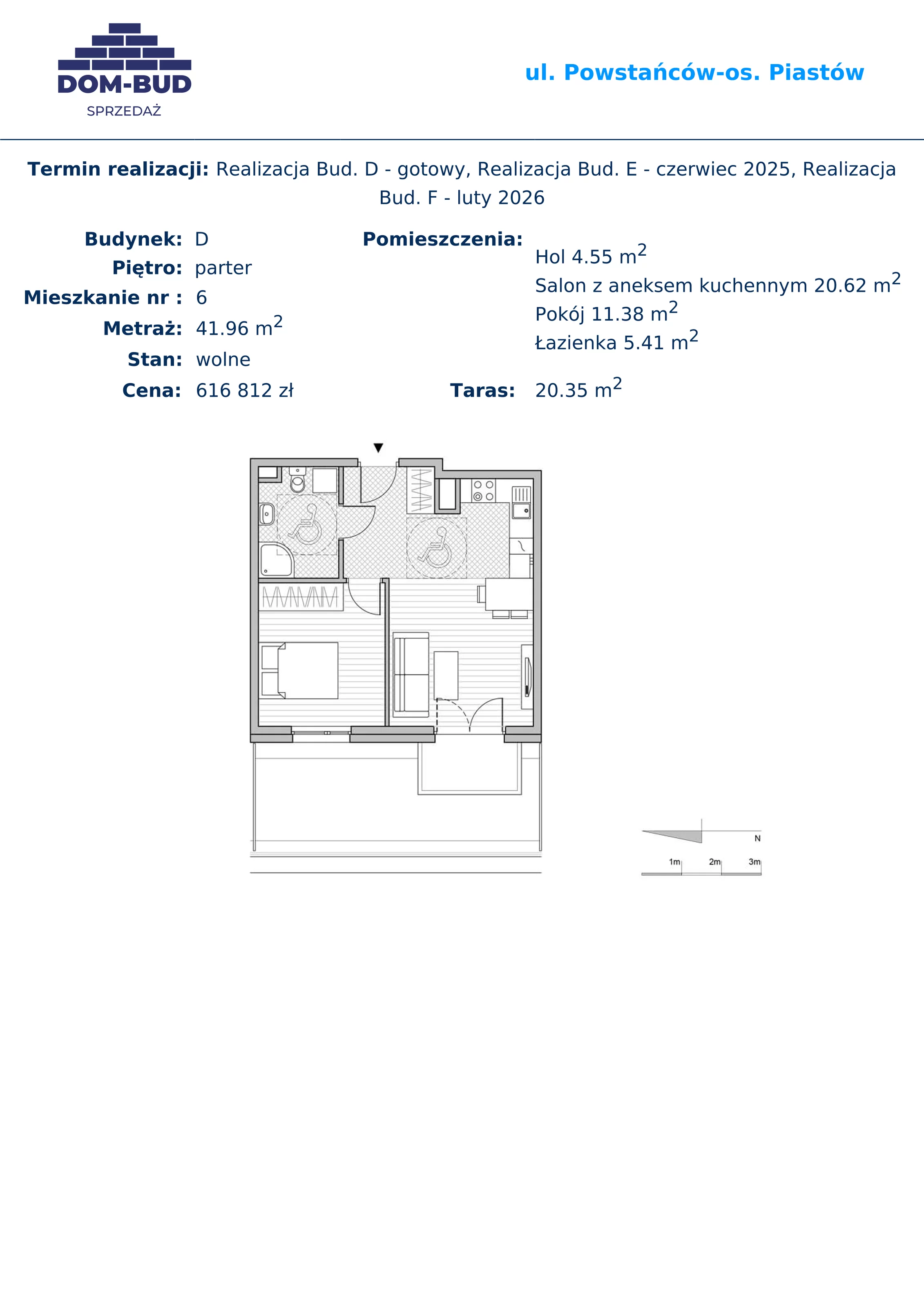 2 pokoje, mieszkanie 41,96 m², parter, oferta nr 6, ul. Powstańców / os. Piastów - Budynek D, Kraków, Mistrzejowice, Osiedle Piastów, ul. Powstańców / os. Piastów