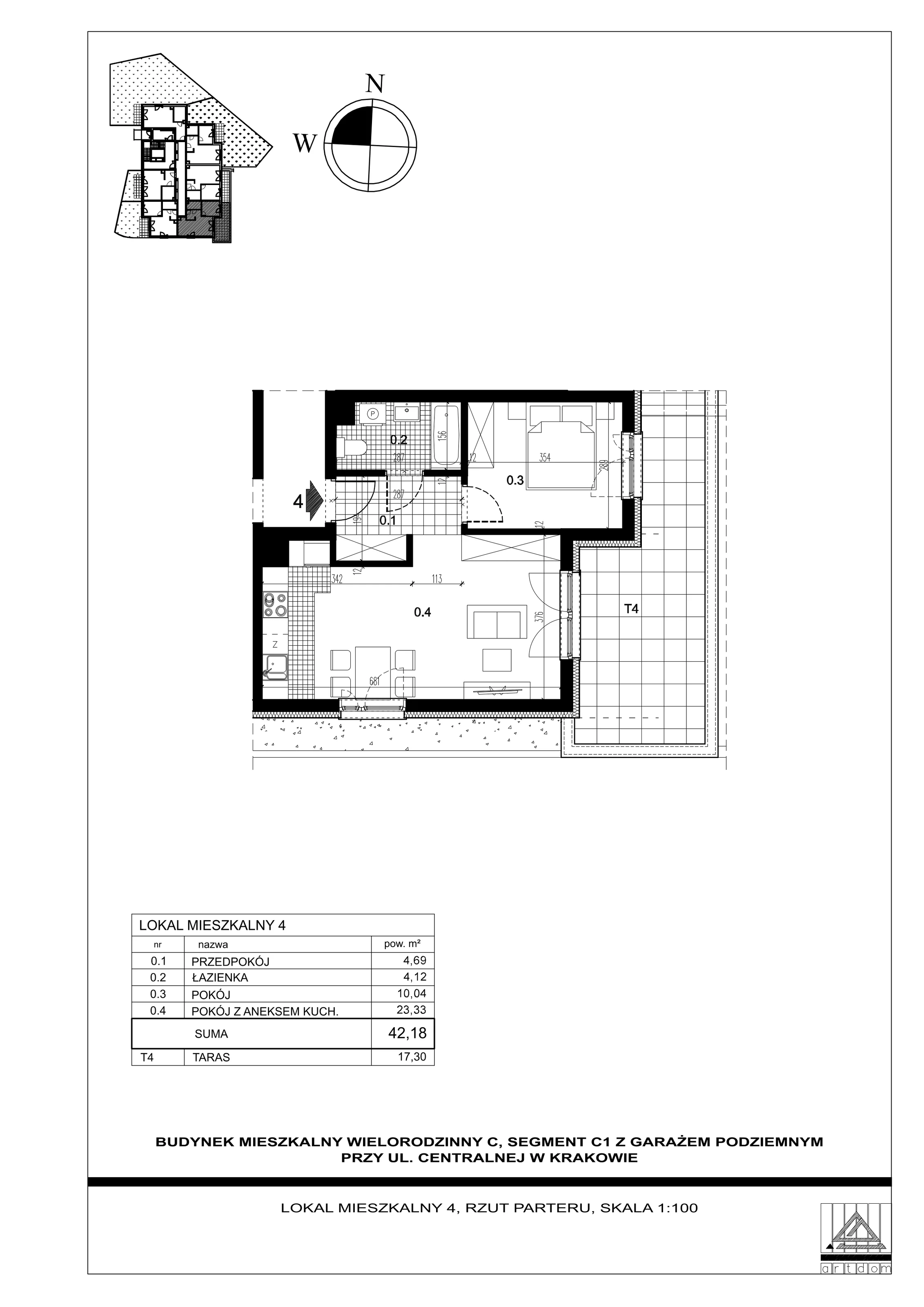 2 pokoje, mieszkanie 42,18 m², parter, oferta nr 4, ul. Centralna - Etap II, Kraków, Czyżyny, ul. Centralna