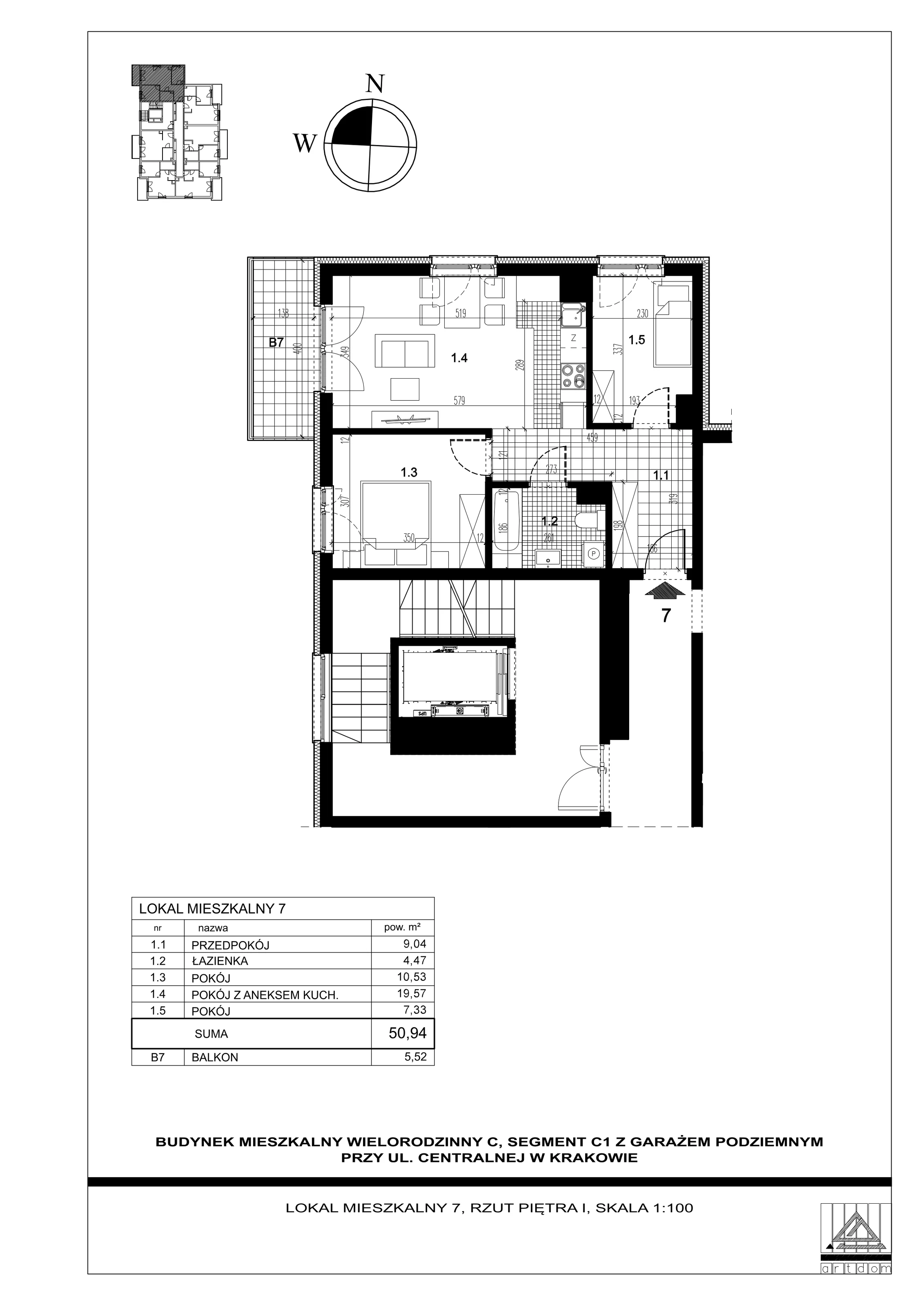 3 pokoje, mieszkanie 50,94 m², piętro 1, oferta nr 7, ul. Centralna - Etap II, Kraków, Czyżyny, ul. Centralna