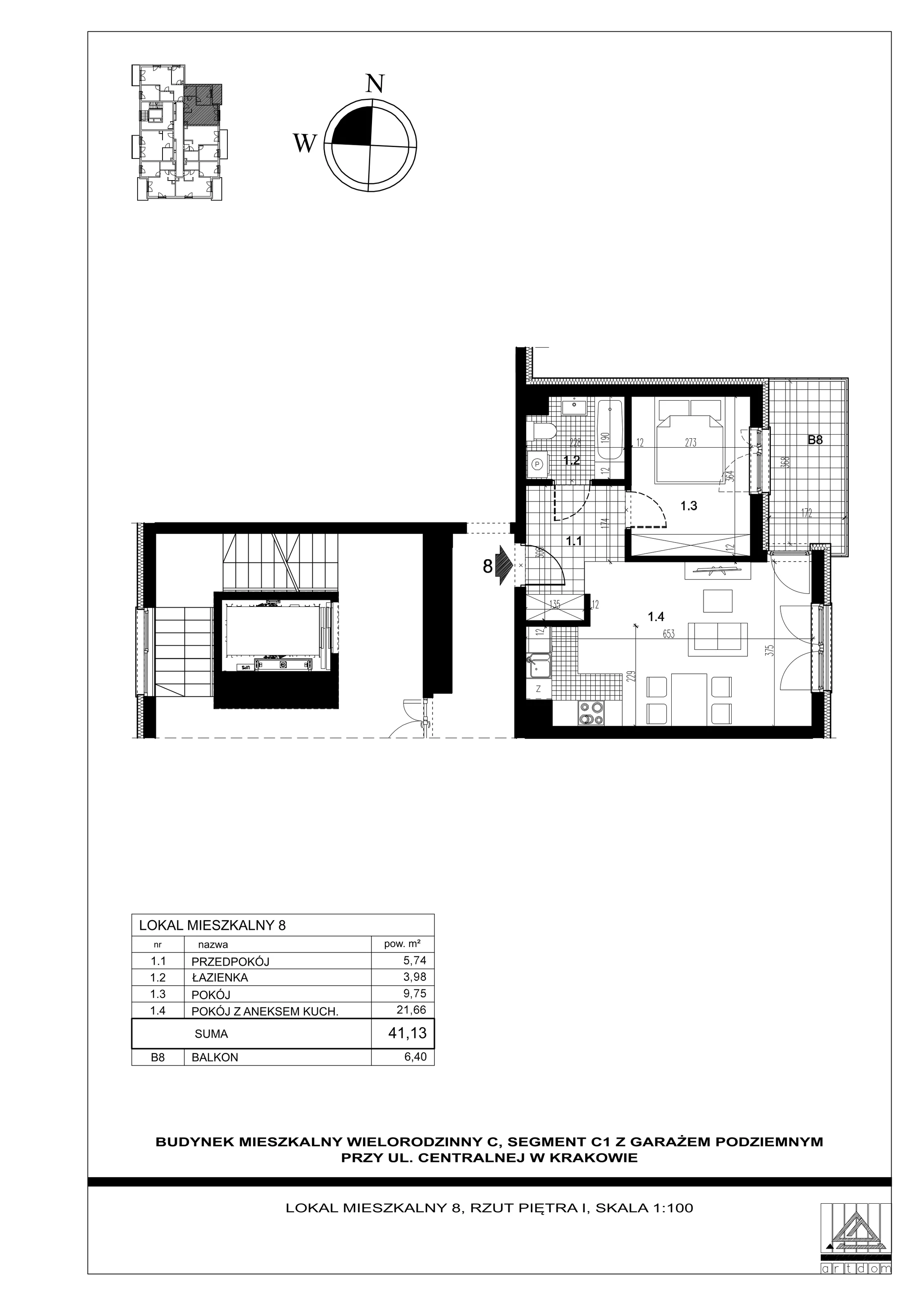 2 pokoje, mieszkanie 41,13 m², piętro 1, oferta nr 8, ul. Centralna - Etap II, Kraków, Czyżyny, ul. Centralna