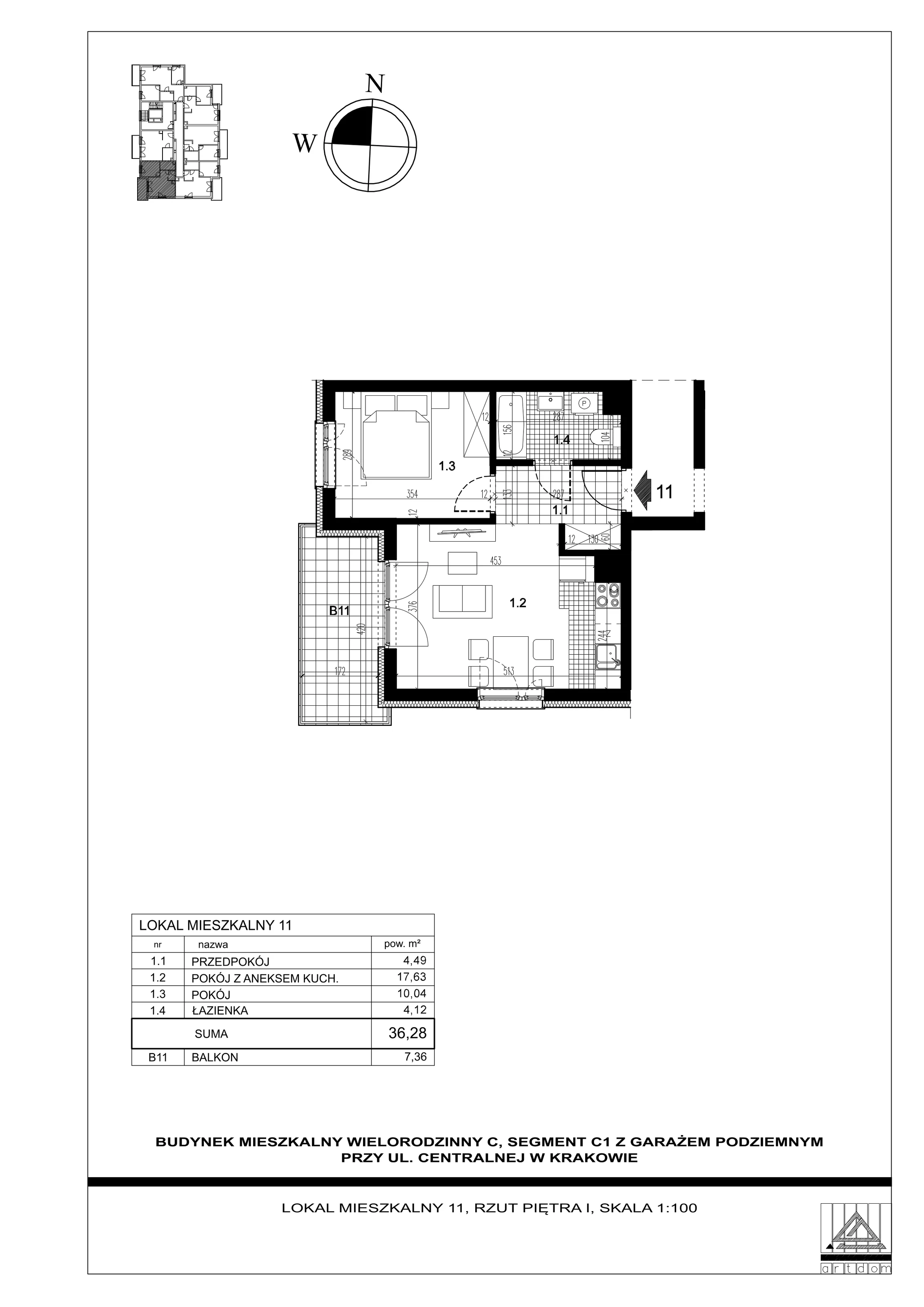 Mieszkanie 36,28 m², piętro 1, oferta nr 11, ul. Centralna - Etap II, Kraków, Czyżyny, ul. Centralna