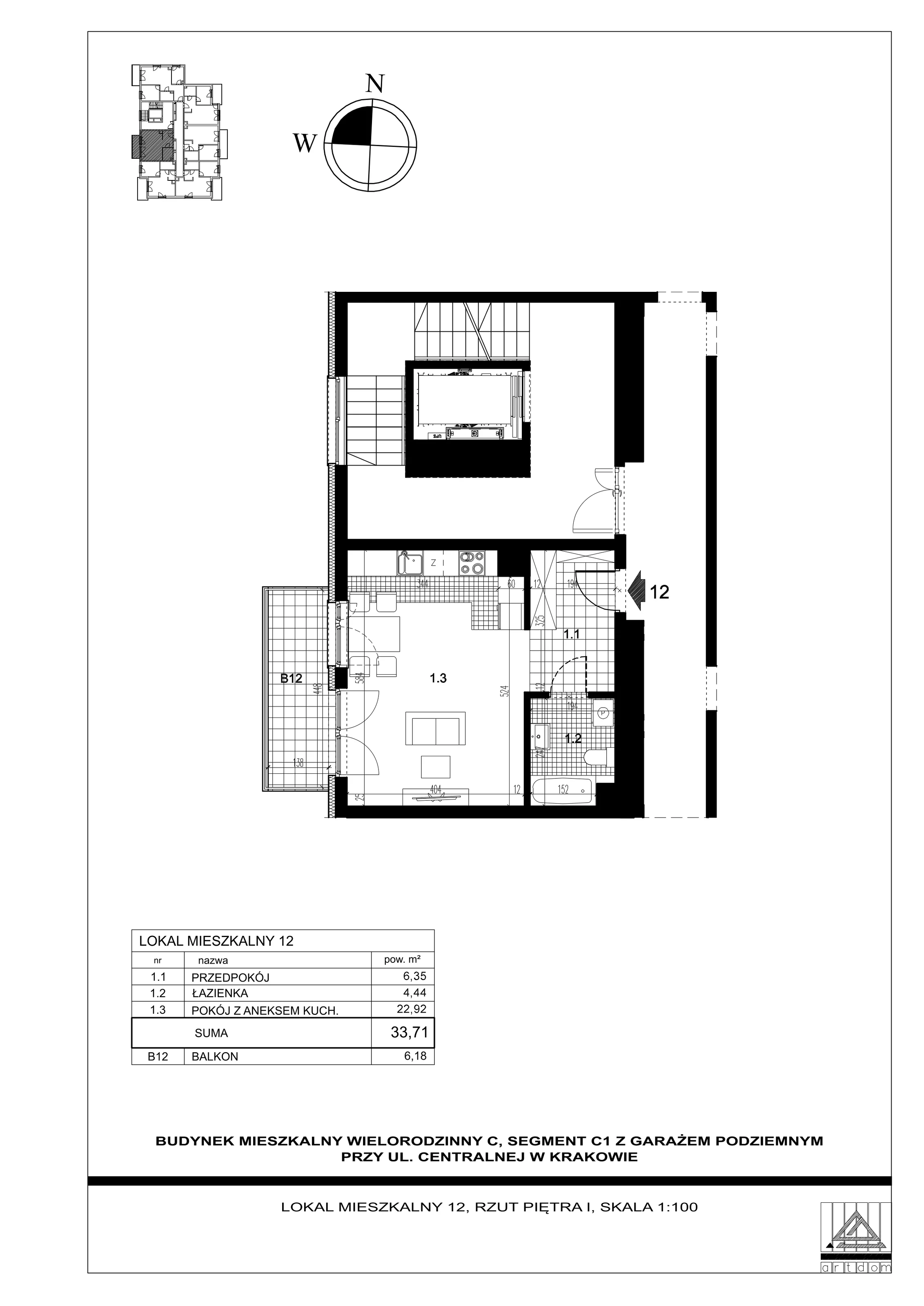 Mieszkanie 33,71 m², piętro 1, oferta nr 12, ul. Centralna - Etap II, Kraków, Czyżyny, ul. Centralna