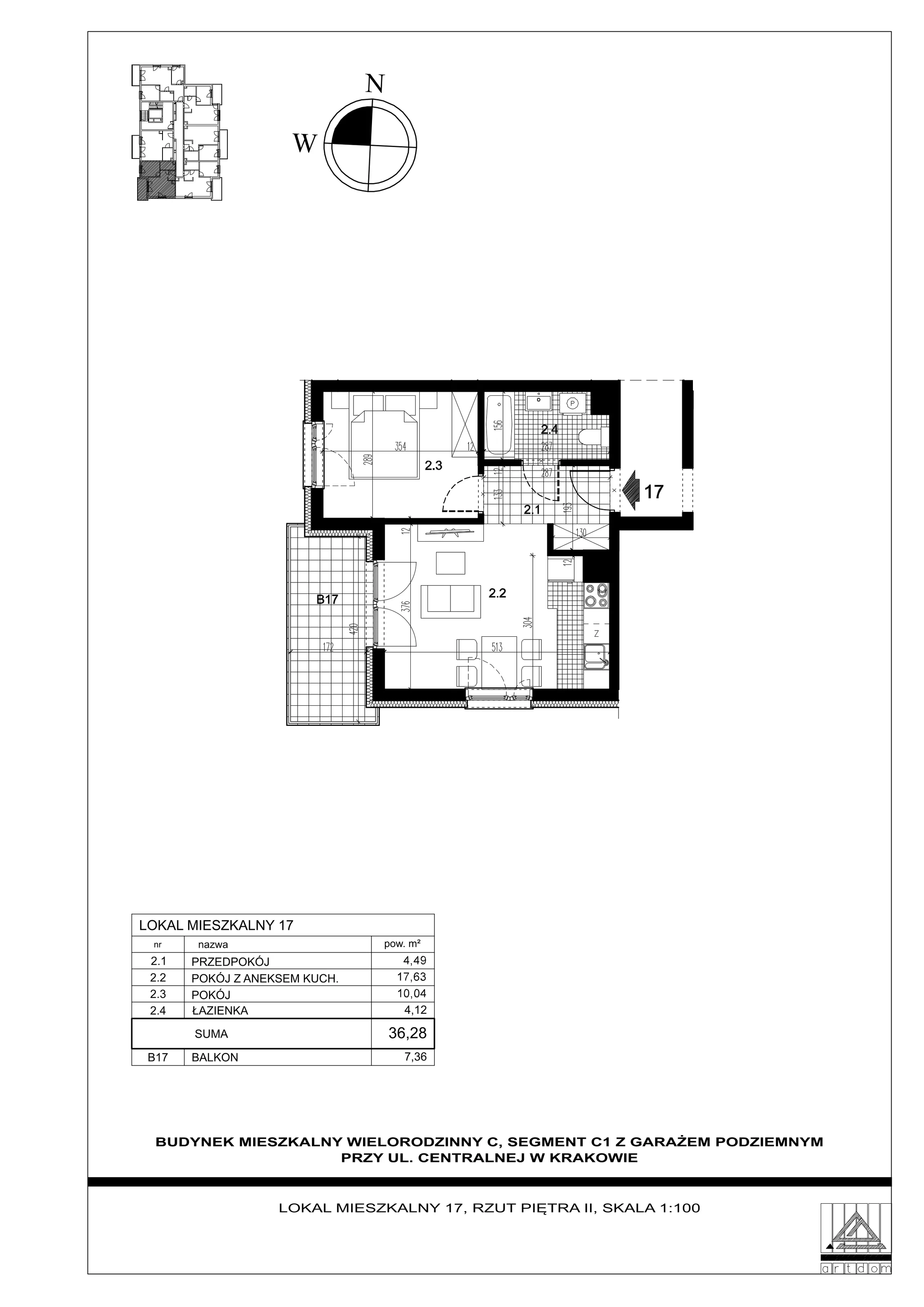 Mieszkanie 36,28 m², piętro 2, oferta nr 17, ul. Centralna - Etap II, Kraków, Czyżyny, ul. Centralna