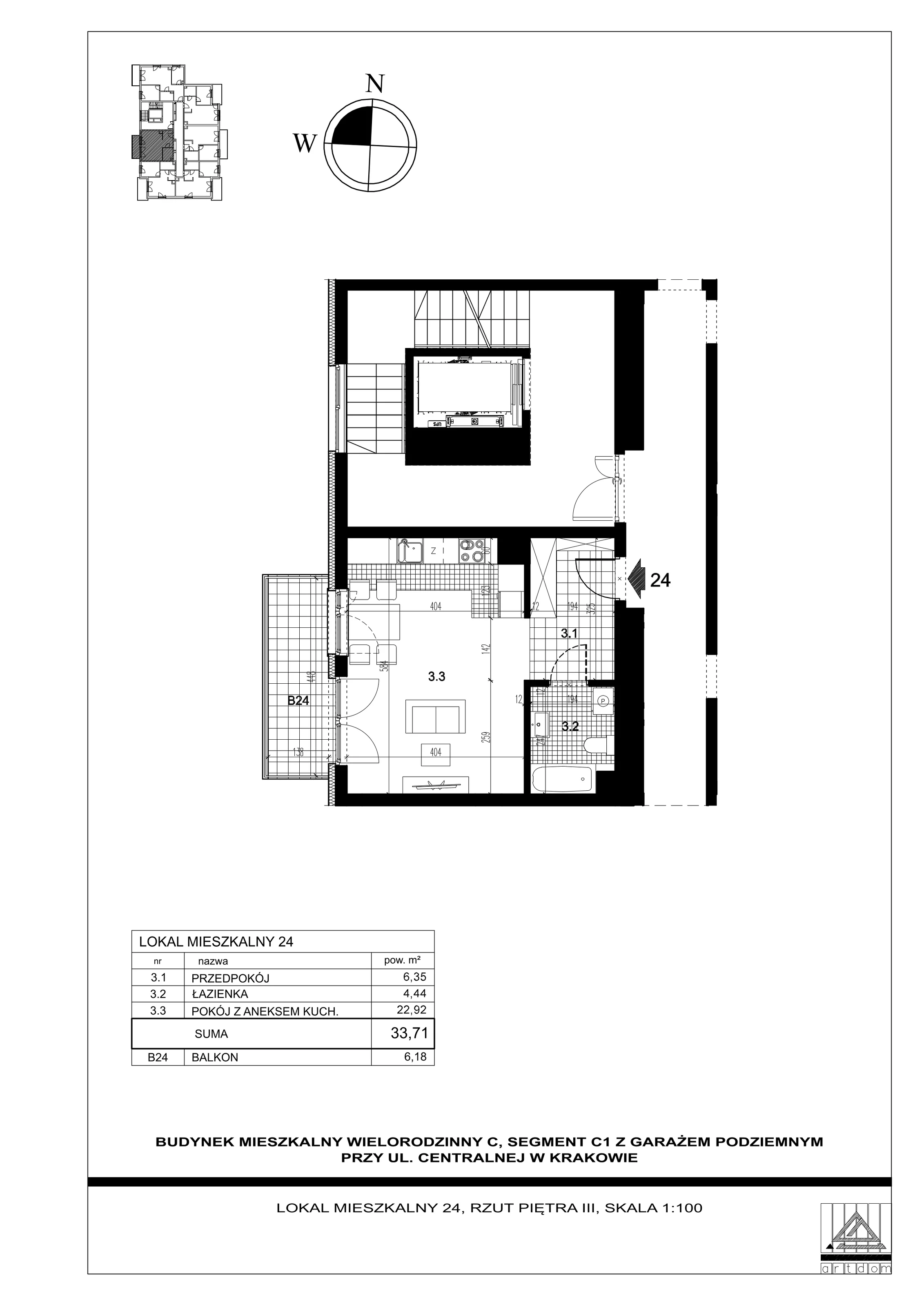 Mieszkanie 33,71 m², piętro 3, oferta nr 24, ul. Centralna - Etap II, Kraków, Czyżyny, ul. Centralna