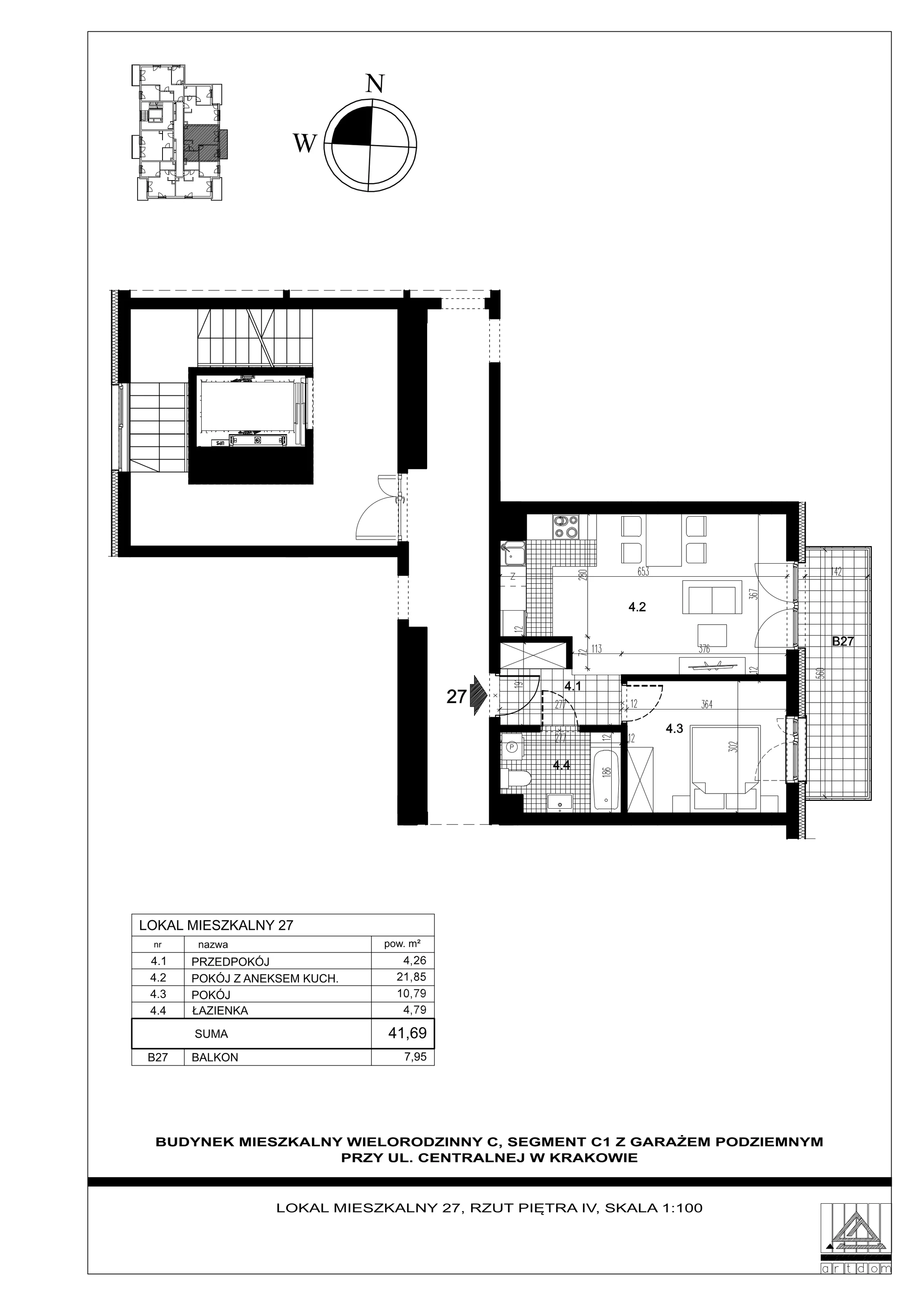 2 pokoje, mieszkanie 41,69 m², piętro 4, oferta nr 27, ul. Centralna - Etap II, Kraków, Czyżyny, ul. Centralna