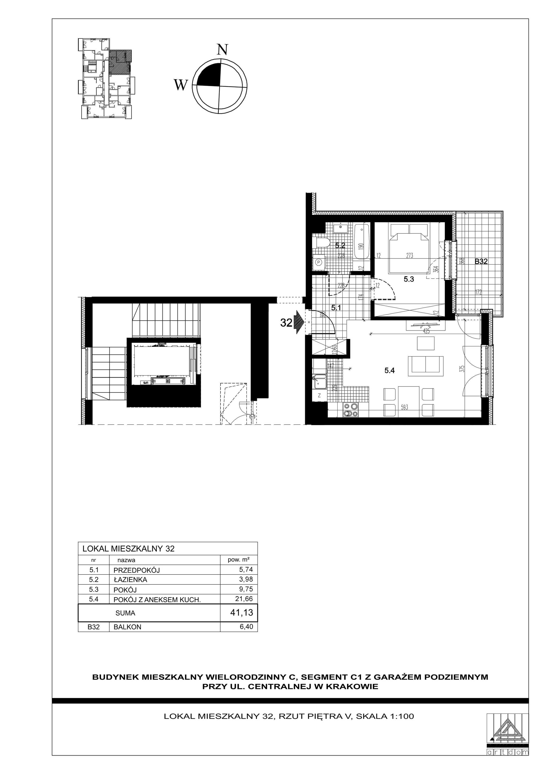 2 pokoje, mieszkanie 41,13 m², piętro 5, oferta nr 32, ul. Centralna - Etap II, Kraków, Czyżyny, ul. Centralna