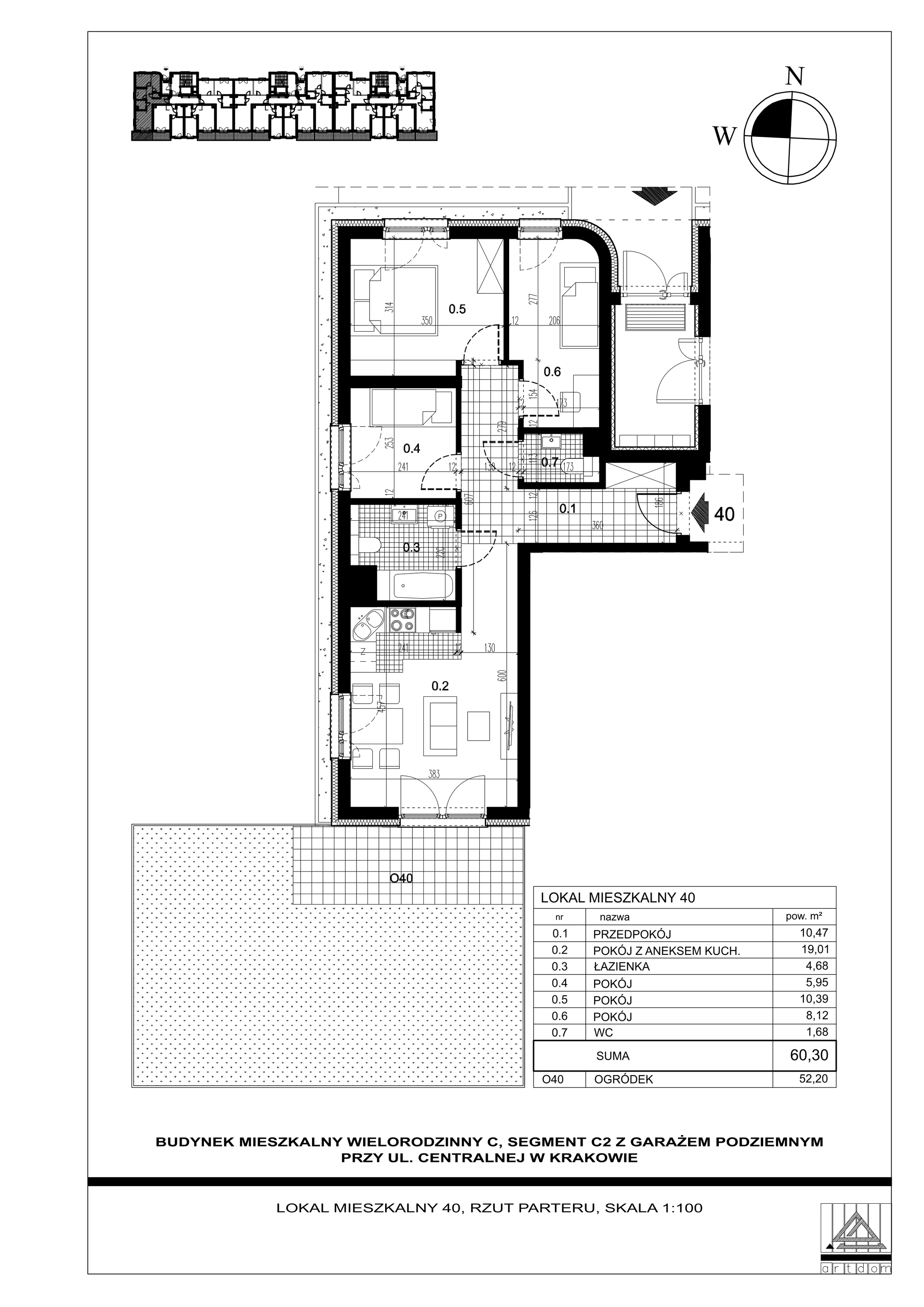 4 pokoje, mieszkanie 60,30 m², parter, oferta nr 40, ul. Centralna - Etap II, Kraków, Czyżyny, ul. Centralna