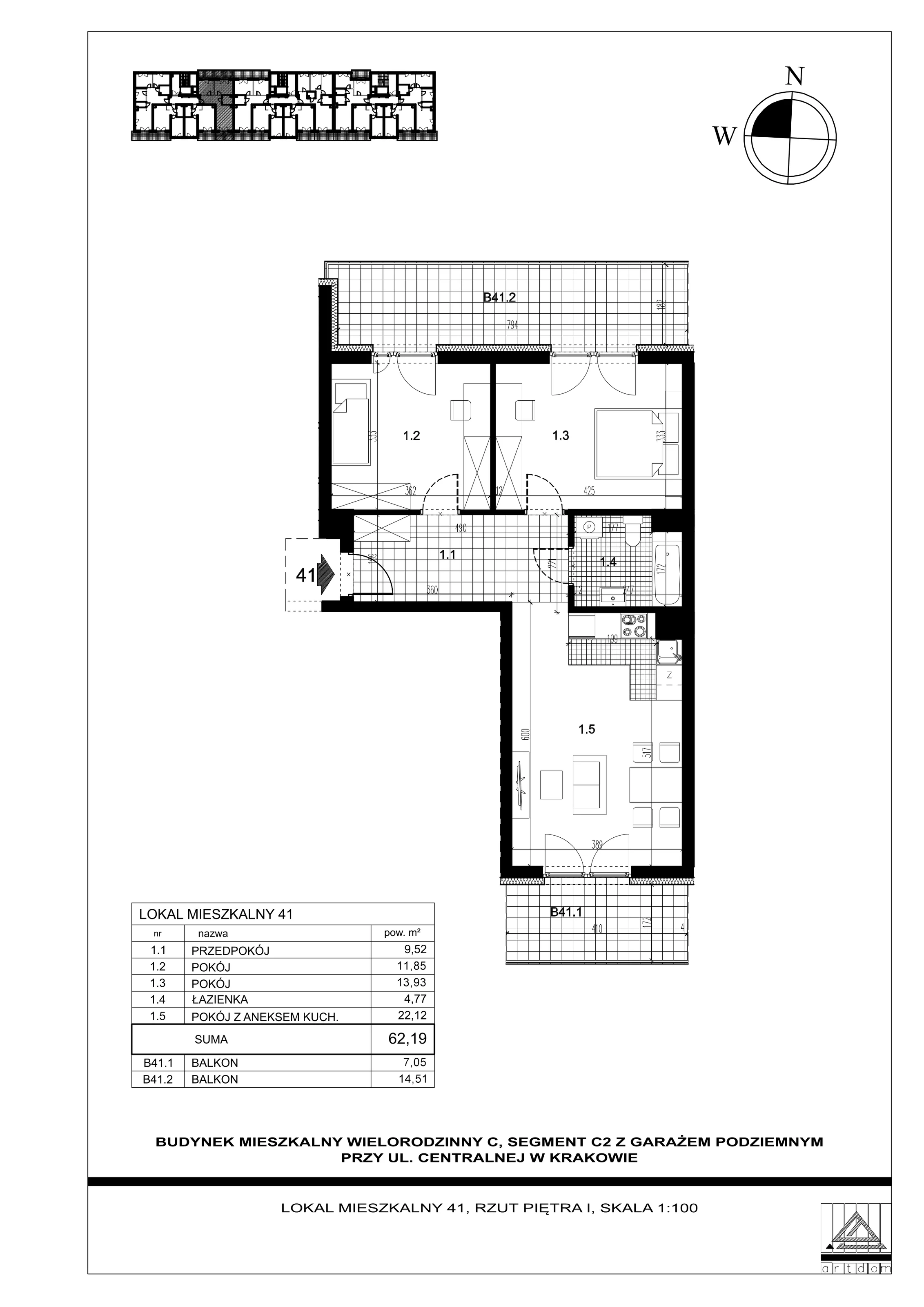 3 pokoje, mieszkanie 62,19 m², piętro 1, oferta nr 41, ul. Centralna - Etap II, Kraków, Czyżyny, ul. Centralna