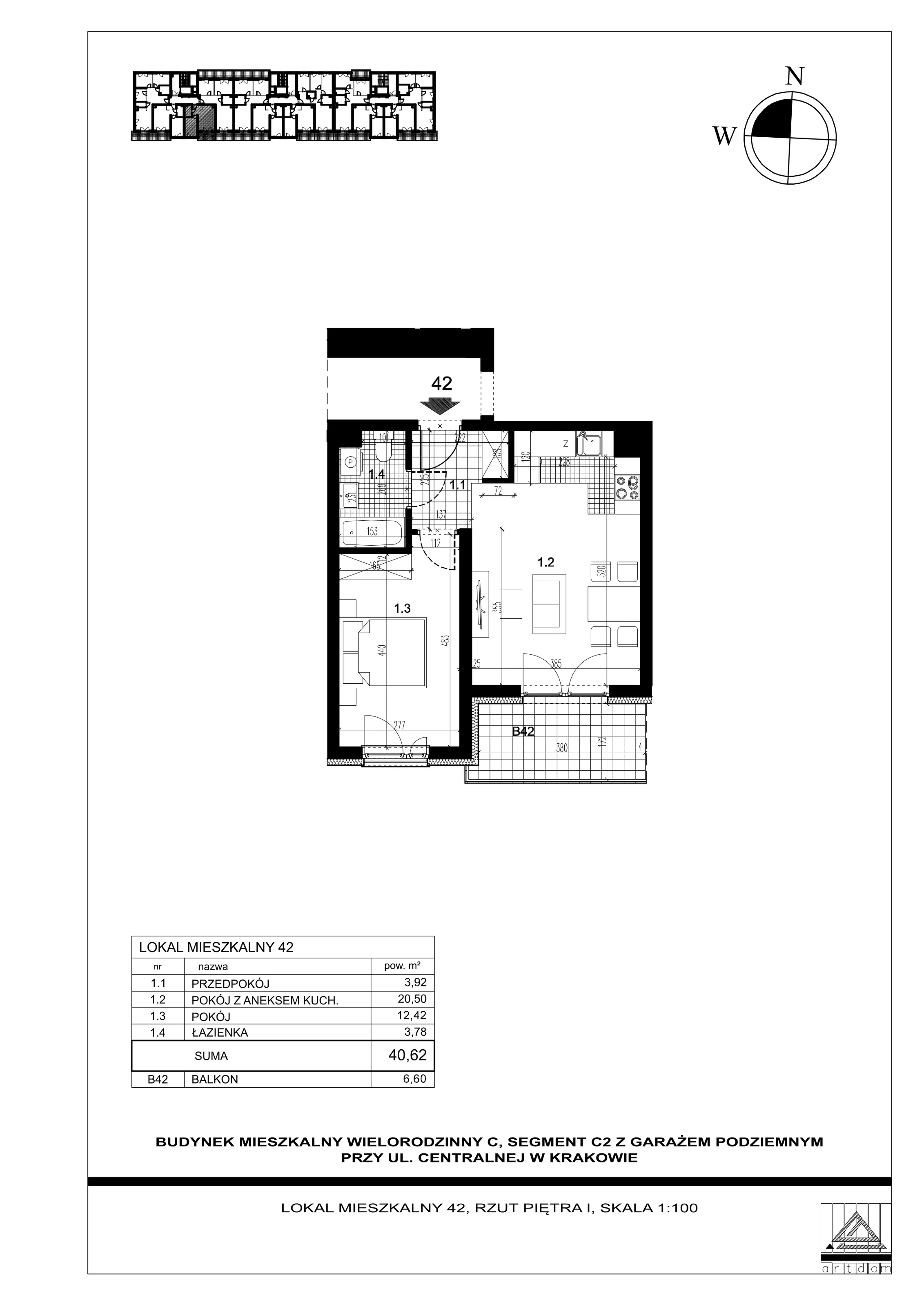 Mieszkanie 40,62 m², piętro 1, oferta nr 42, ul. Centralna - Etap II, Kraków, Czyżyny, ul. Centralna