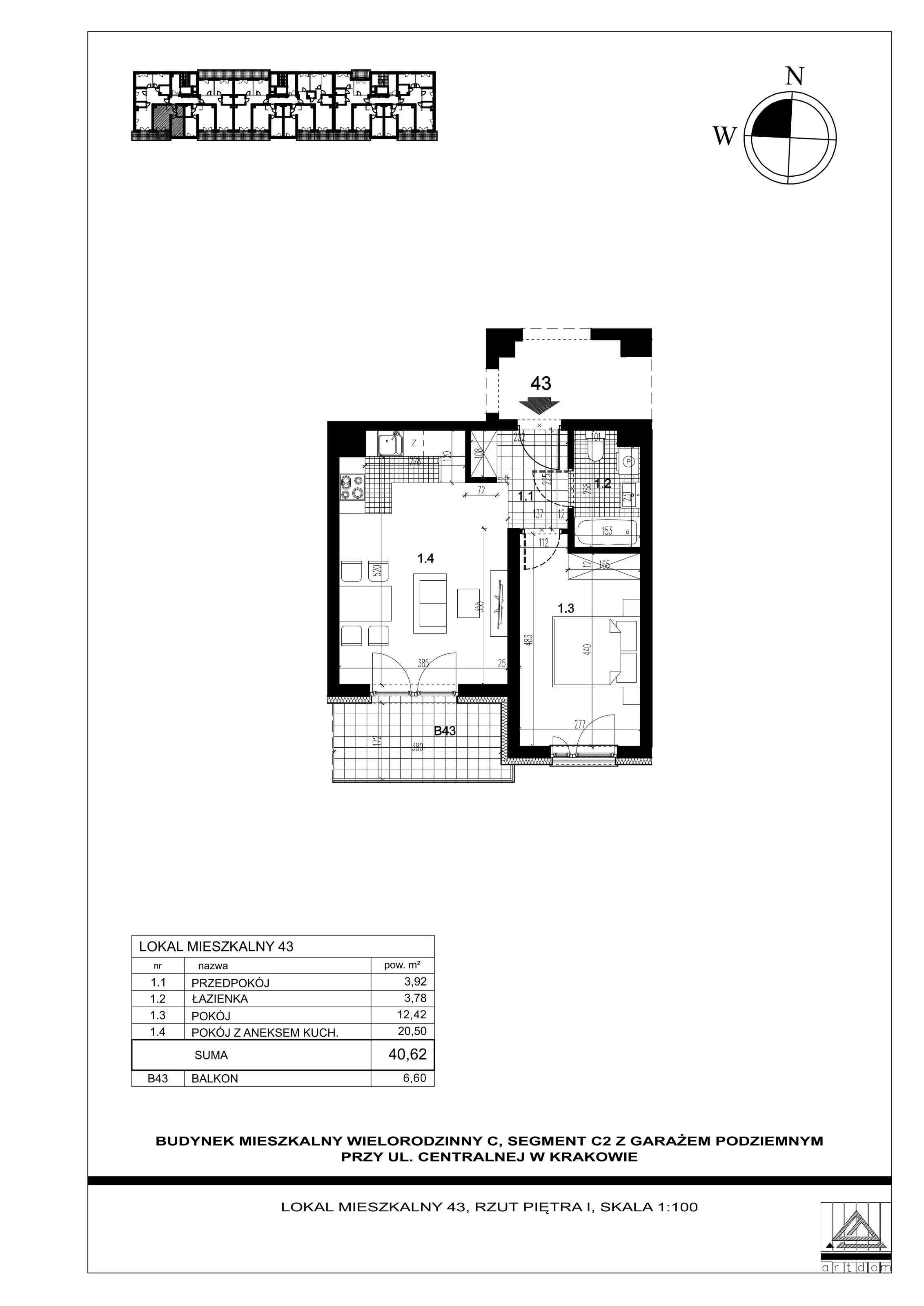 Mieszkanie 40,62 m², piętro 1, oferta nr 43, ul. Centralna - Etap II, Kraków, Czyżyny, ul. Centralna