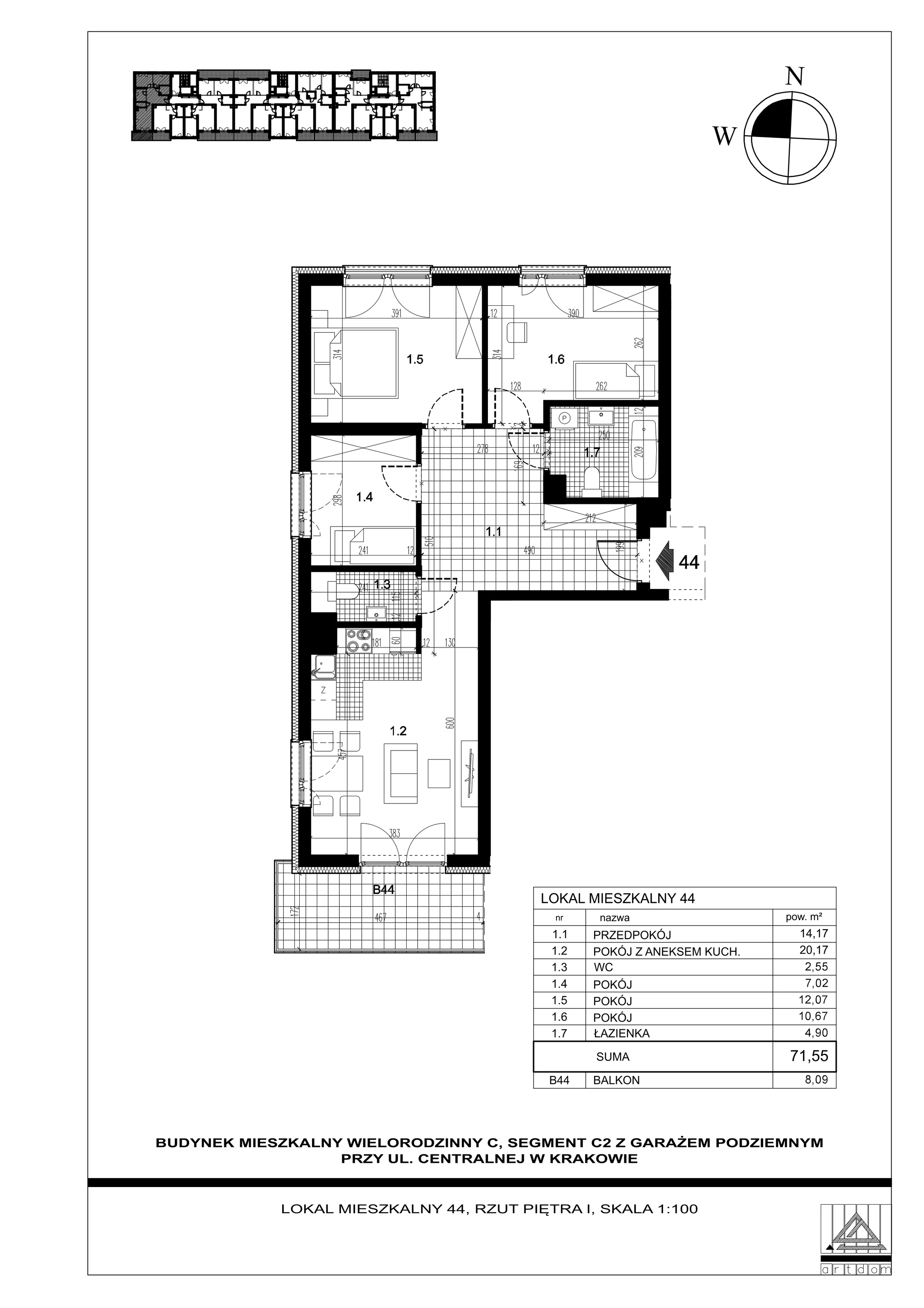 4 pokoje, mieszkanie 71,55 m², piętro 1, oferta nr 44, ul. Centralna - Etap II, Kraków, Czyżyny, ul. Centralna