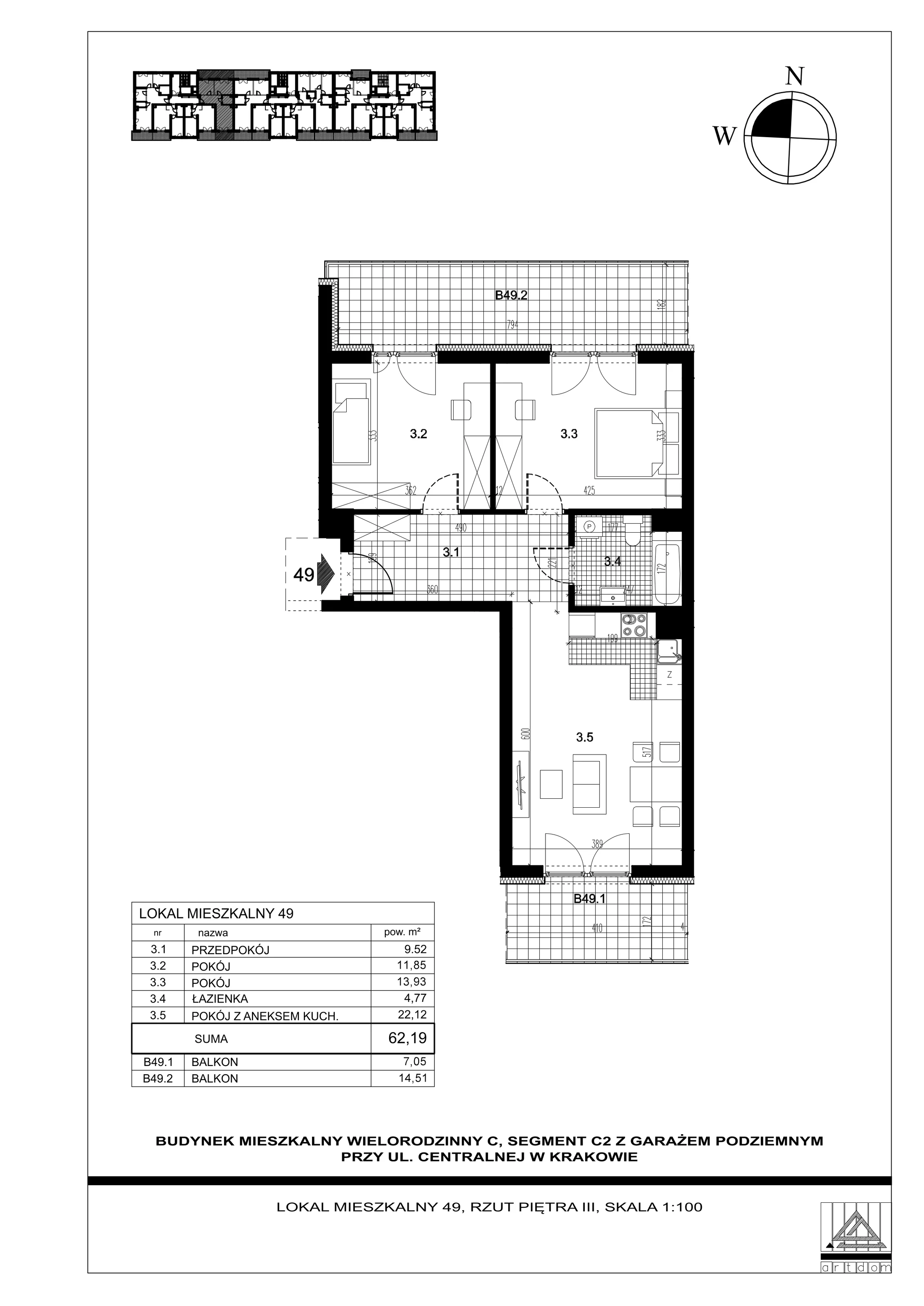 3 pokoje, mieszkanie 62,19 m², piętro 3, oferta nr 49, ul. Centralna - Etap II, Kraków, Czyżyny, ul. Centralna