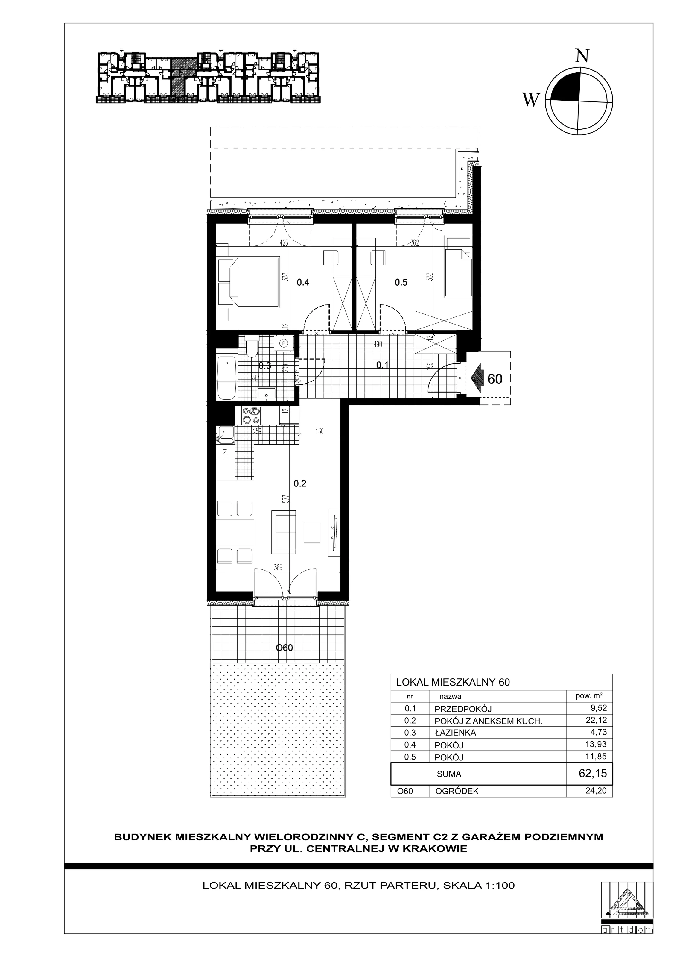 3 pokoje, mieszkanie 62,15 m², parter, oferta nr 60, ul. Centralna - Etap II, Kraków, Czyżyny, ul. Centralna