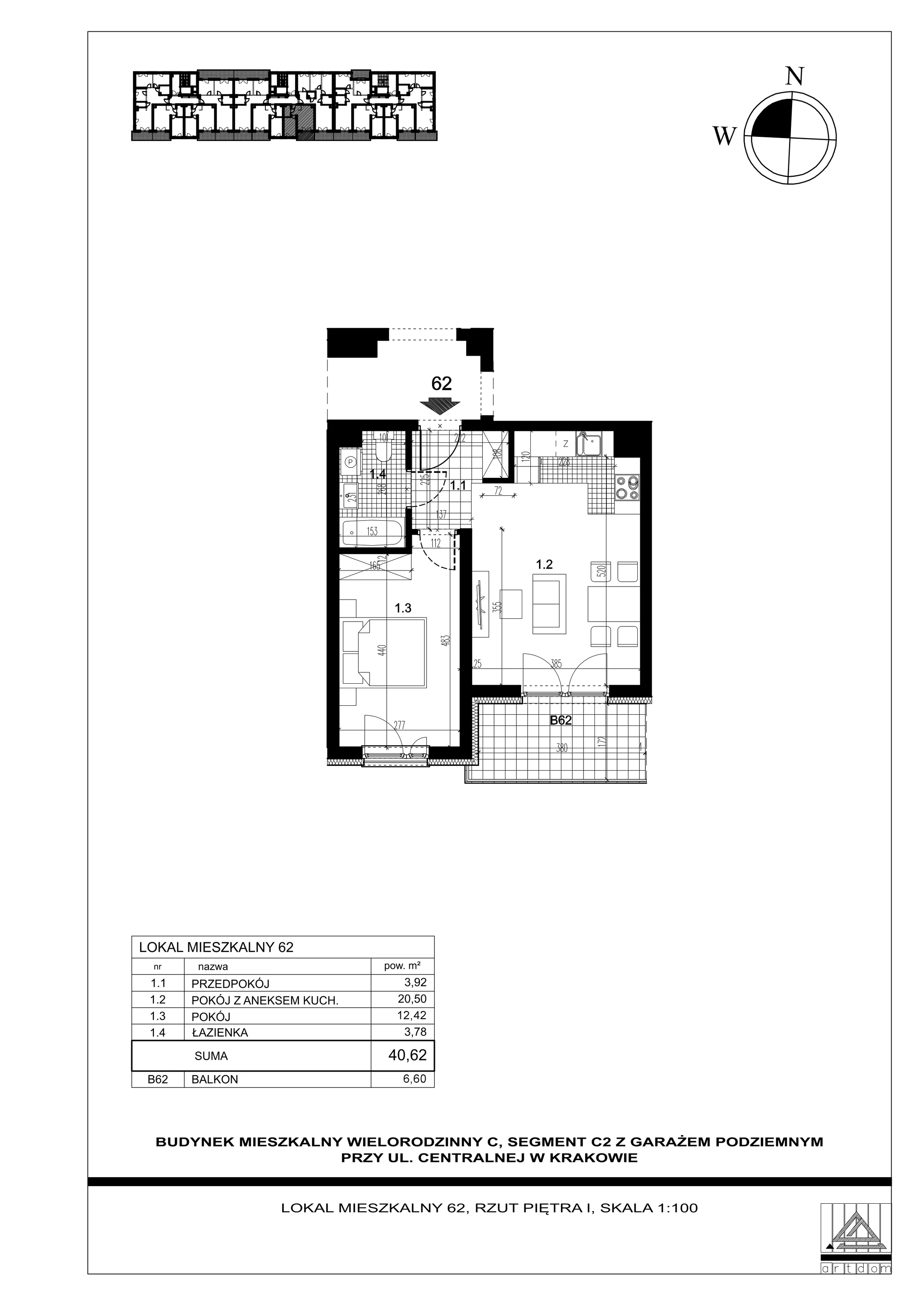 Mieszkanie 40,62 m², piętro 1, oferta nr 62, ul. Centralna - Etap II, Kraków, Czyżyny, ul. Centralna