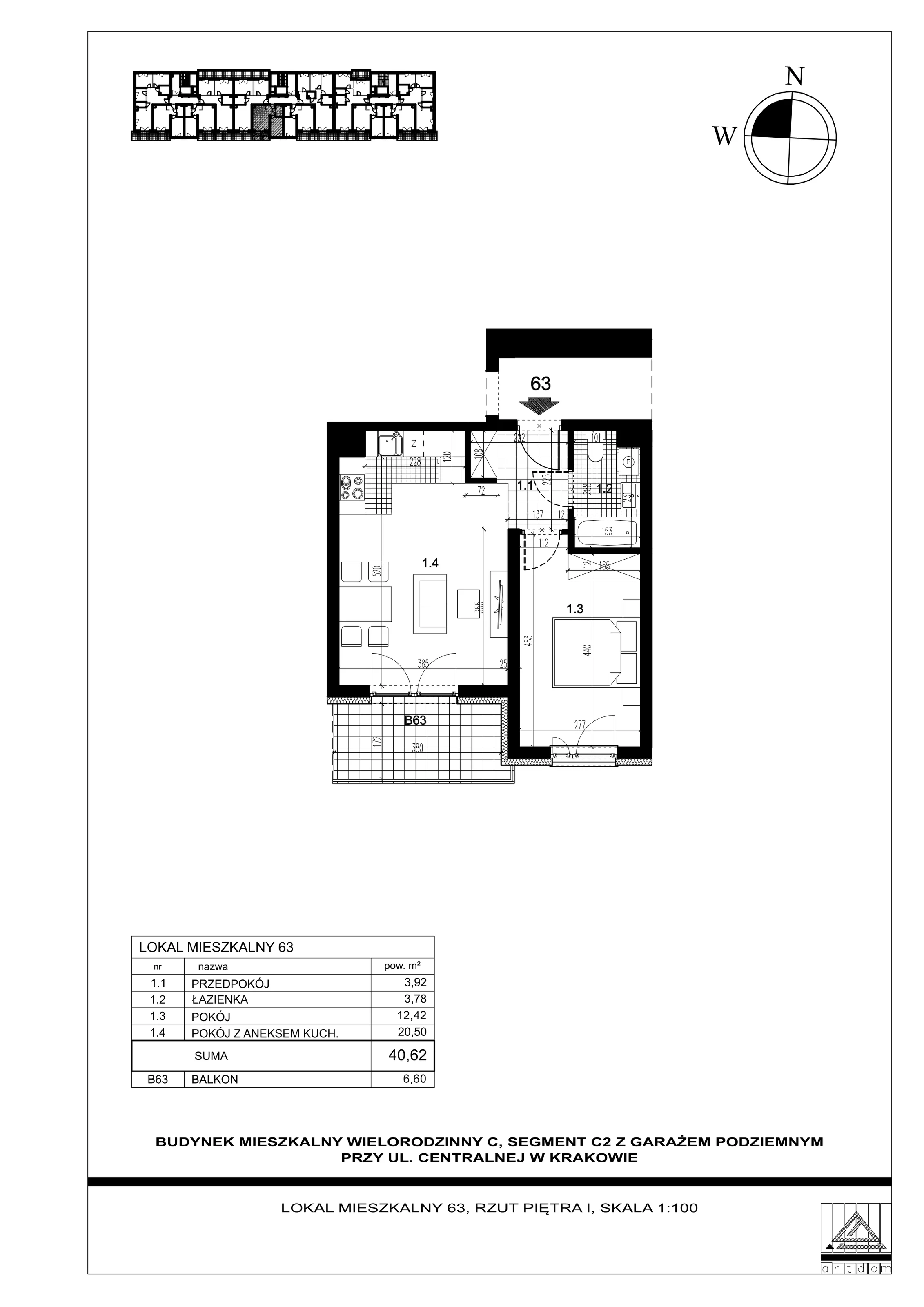 Mieszkanie 40,62 m², piętro 1, oferta nr 63, ul. Centralna - Etap II, Kraków, Czyżyny, ul. Centralna