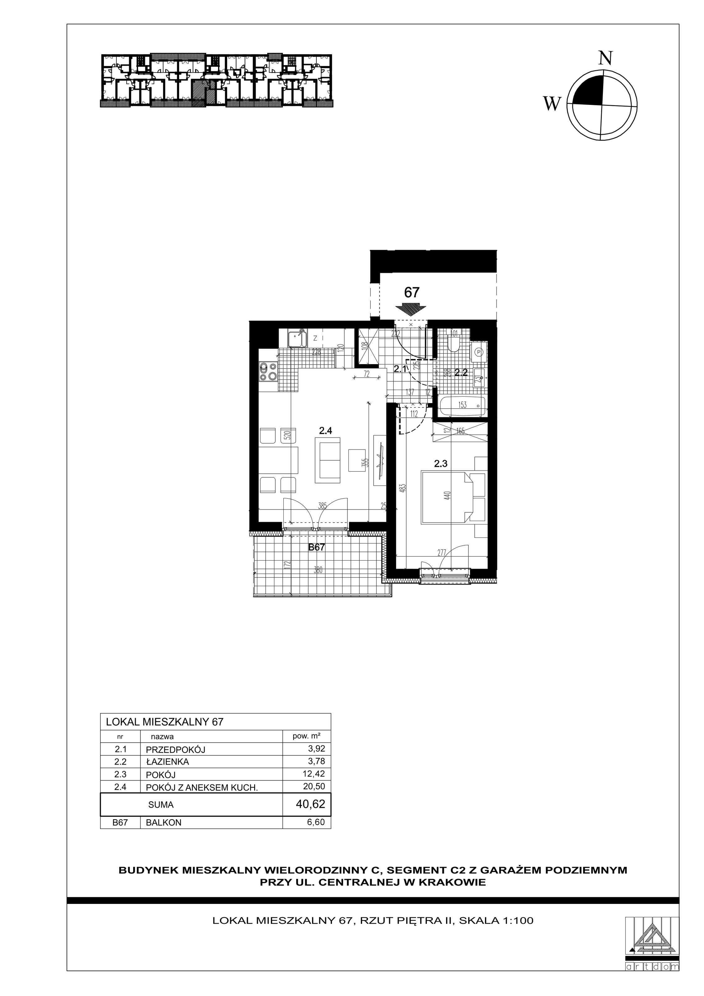 Mieszkanie 40,62 m², piętro 2, oferta nr 67, ul. Centralna - Etap II, Kraków, Czyżyny, ul. Centralna