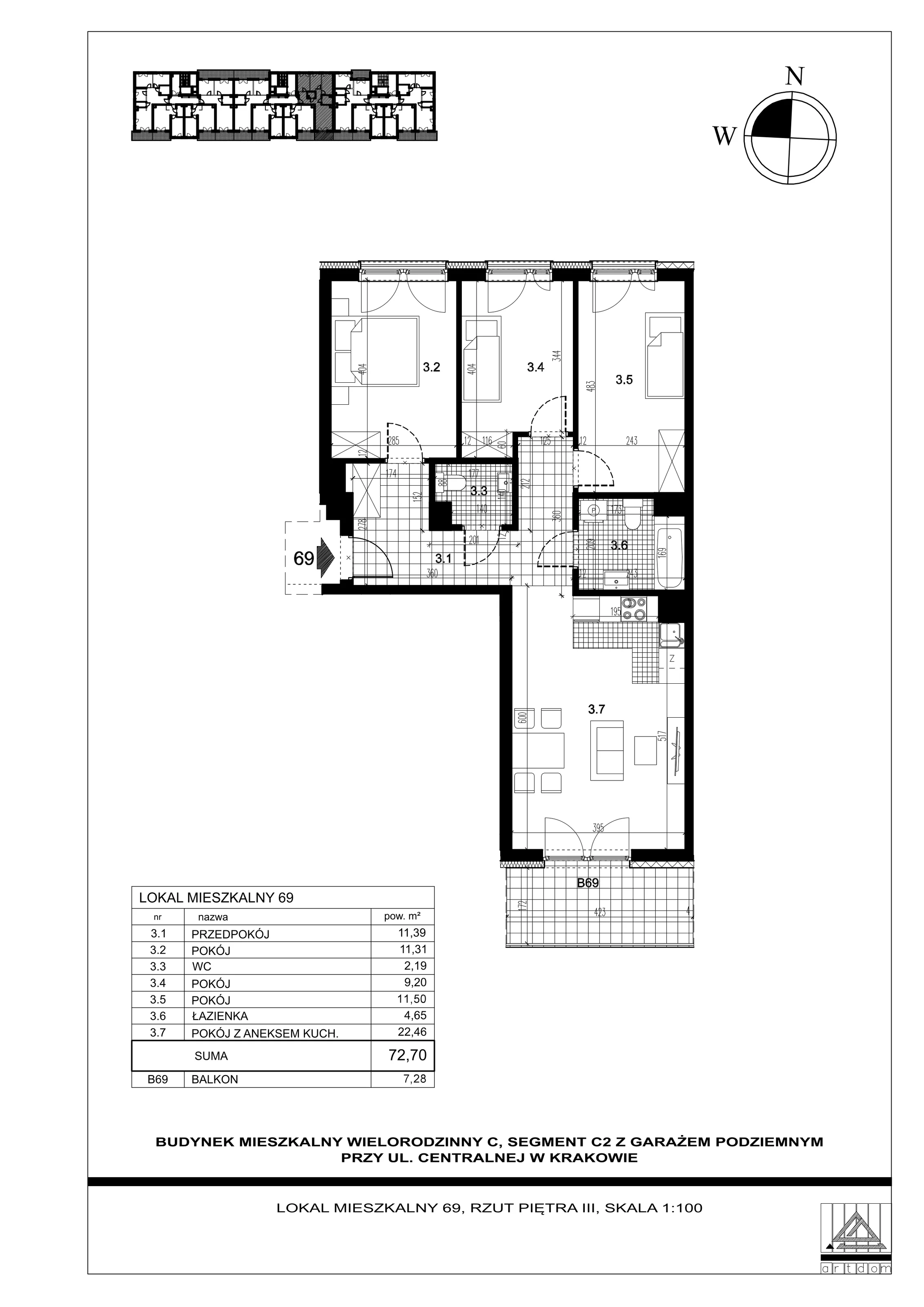 4 pokoje, mieszkanie 72,70 m², piętro 3, oferta nr 69, ul. Centralna - Etap II, Kraków, Czyżyny, ul. Centralna