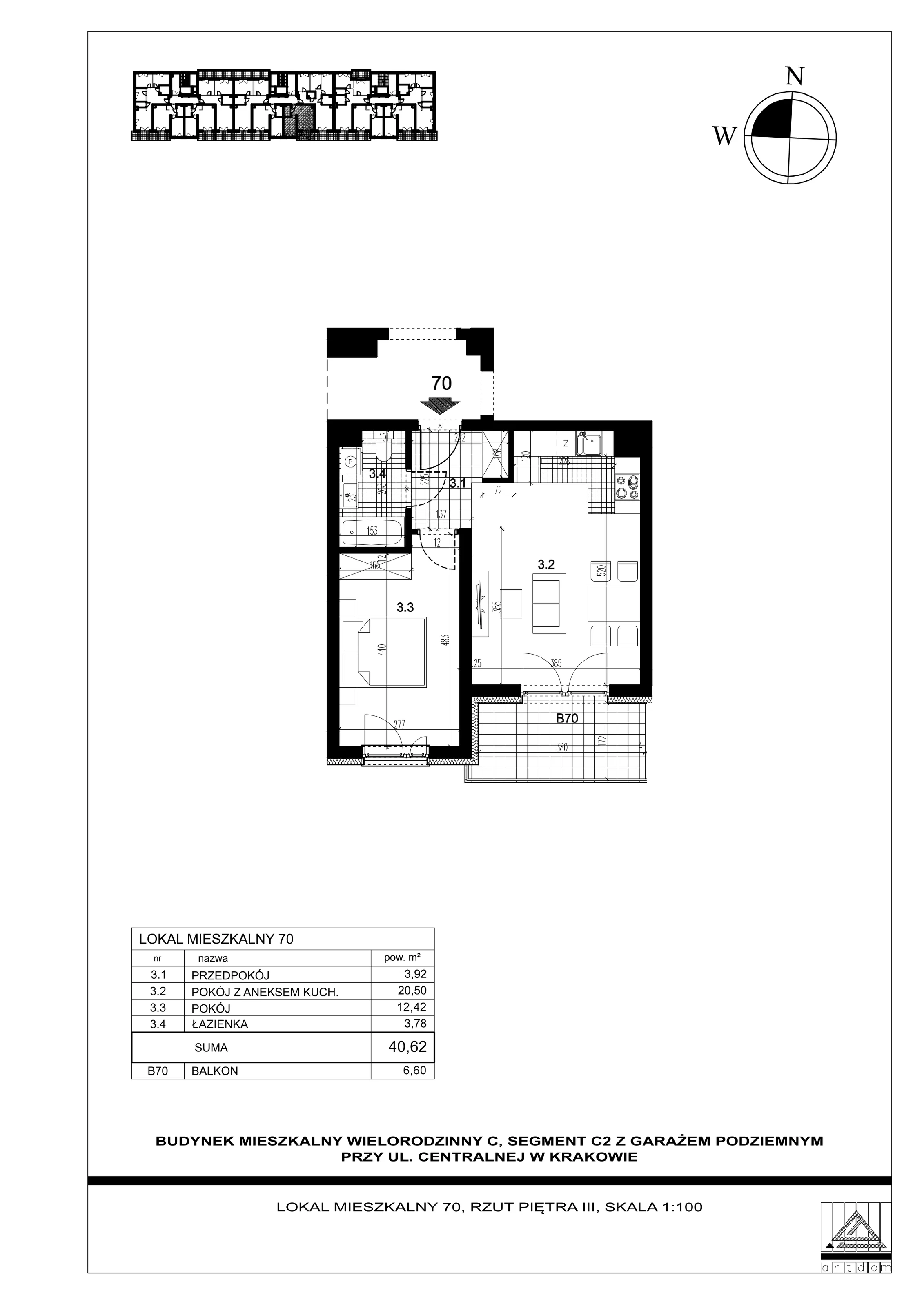 Mieszkanie 40,62 m², piętro 3, oferta nr 70, ul. Centralna - Etap II, Kraków, Czyżyny, ul. Centralna