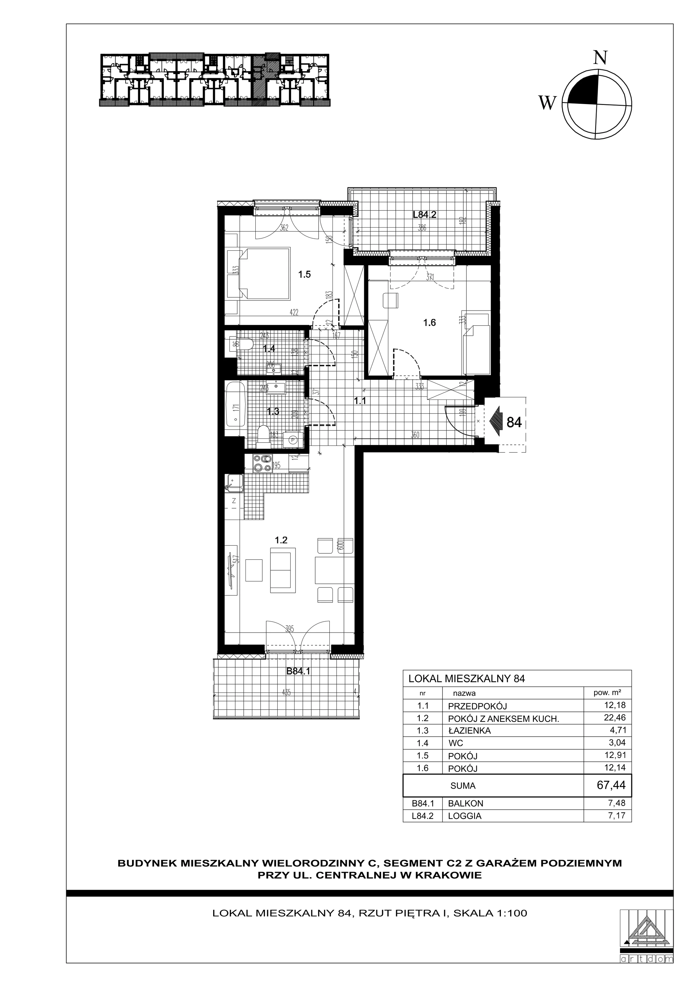 3 pokoje, mieszkanie 67,44 m², piętro 1, oferta nr 84, ul. Centralna - Etap II, Kraków, Czyżyny, ul. Centralna