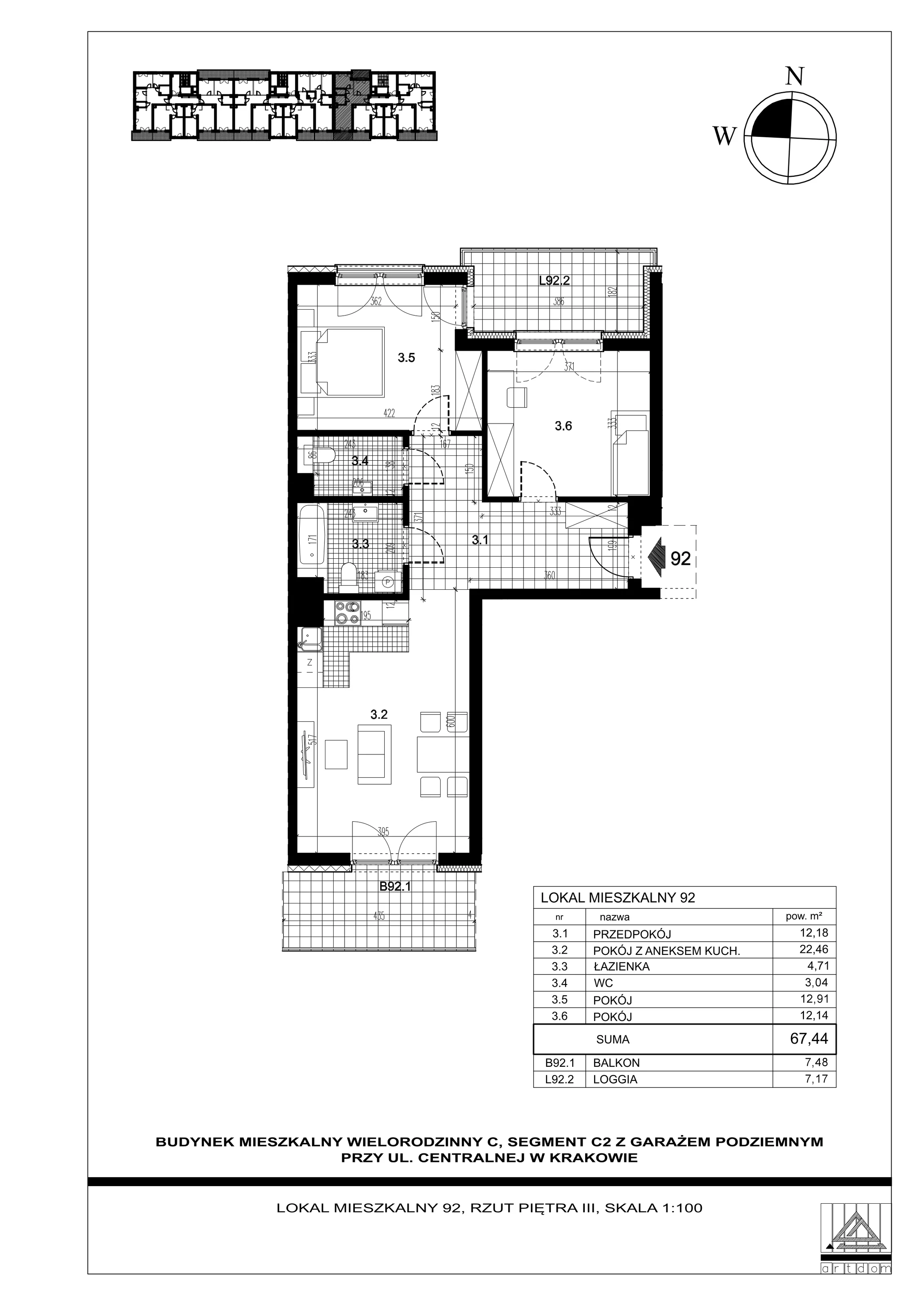 3 pokoje, mieszkanie 67,44 m², piętro 3, oferta nr 92, ul. Centralna - Etap II, Kraków, Czyżyny, ul. Centralna