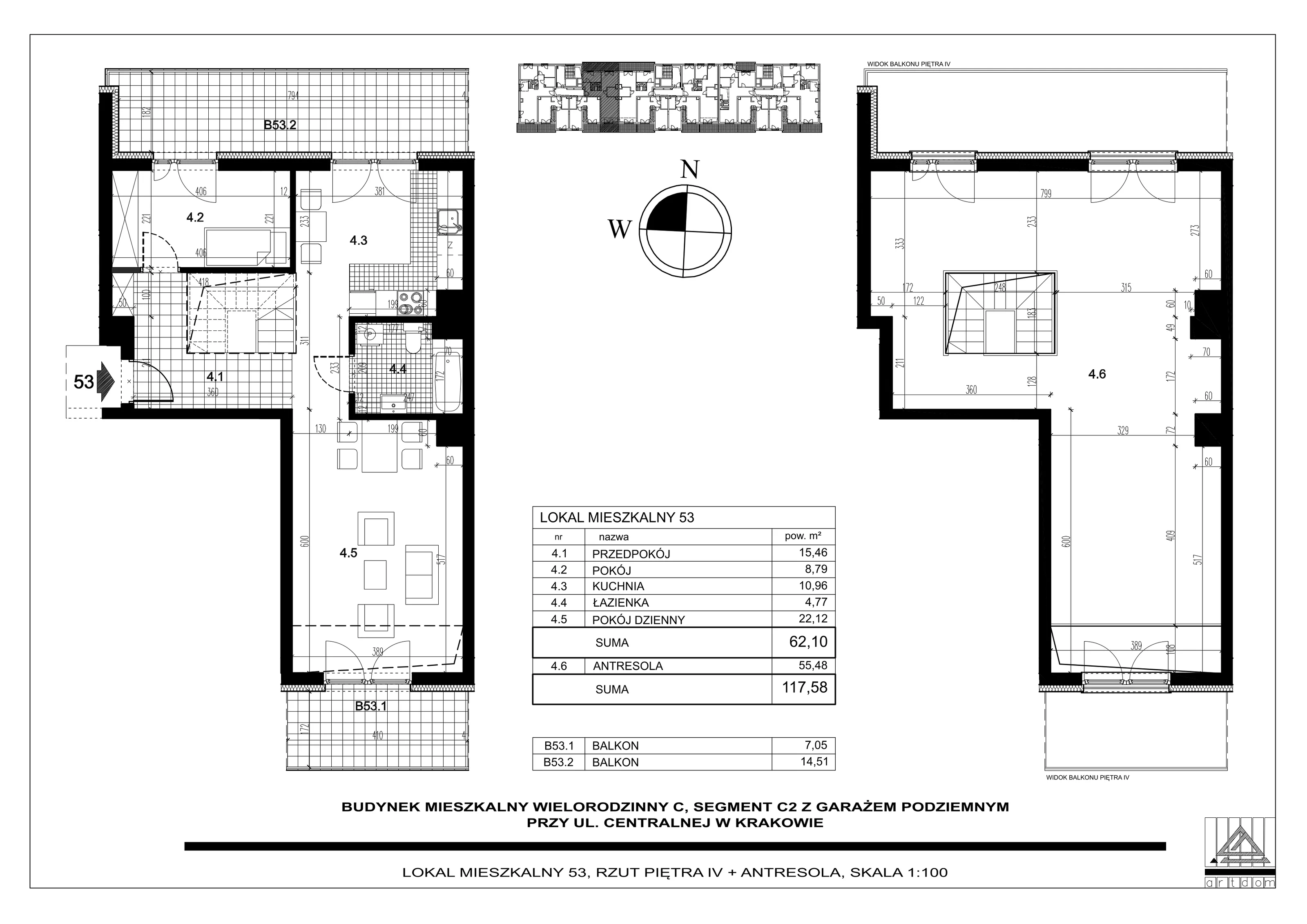 2 pokoje, mieszkanie 117,58 m², piętro 4, oferta nr 53, ul. Centralna - Etap II, Kraków, Czyżyny, ul. Centralna