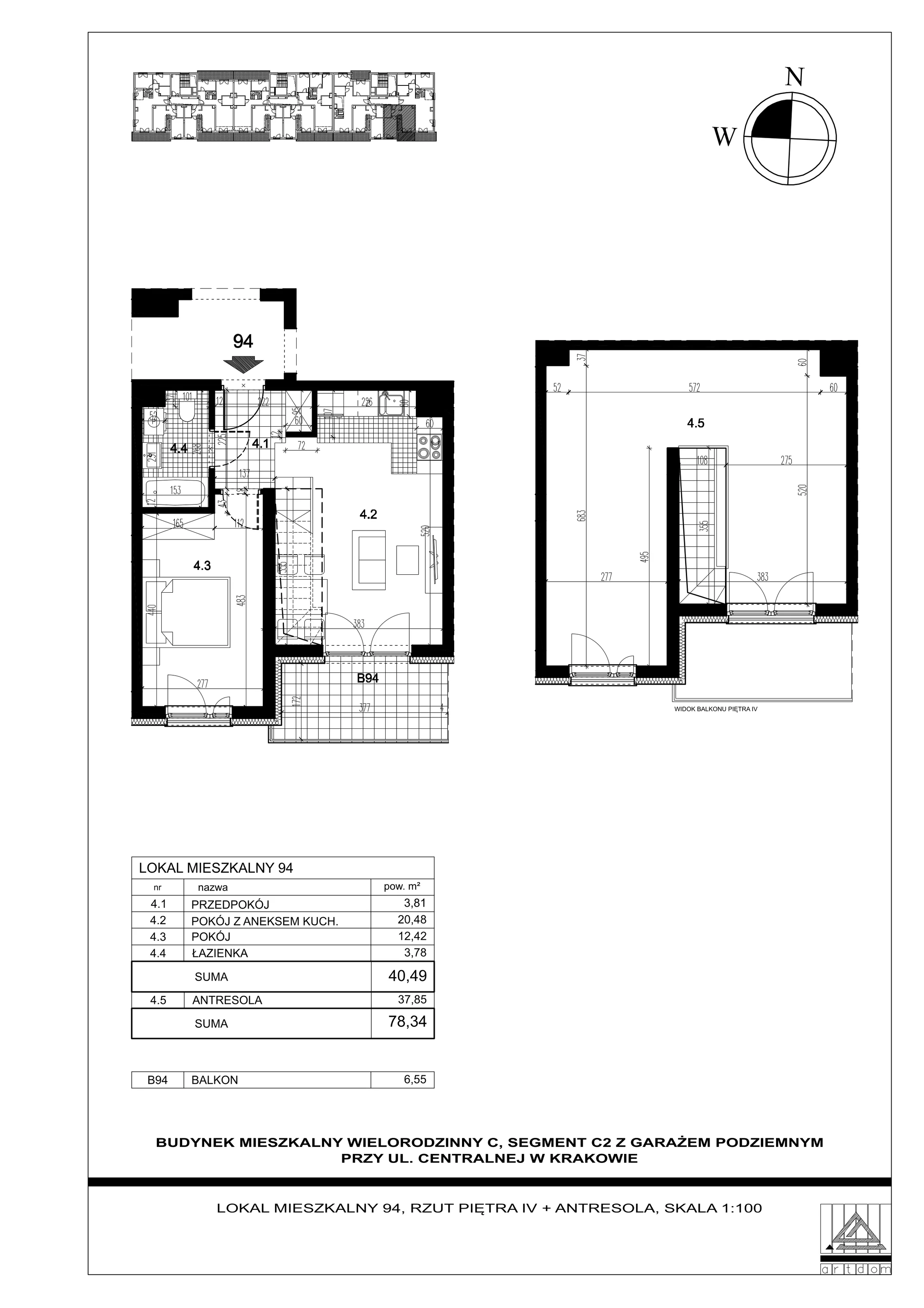 2 pokoje, mieszkanie 78,34 m², piętro 4, oferta nr 94, ul. Centralna - Etap II, Kraków, Czyżyny, ul. Centralna