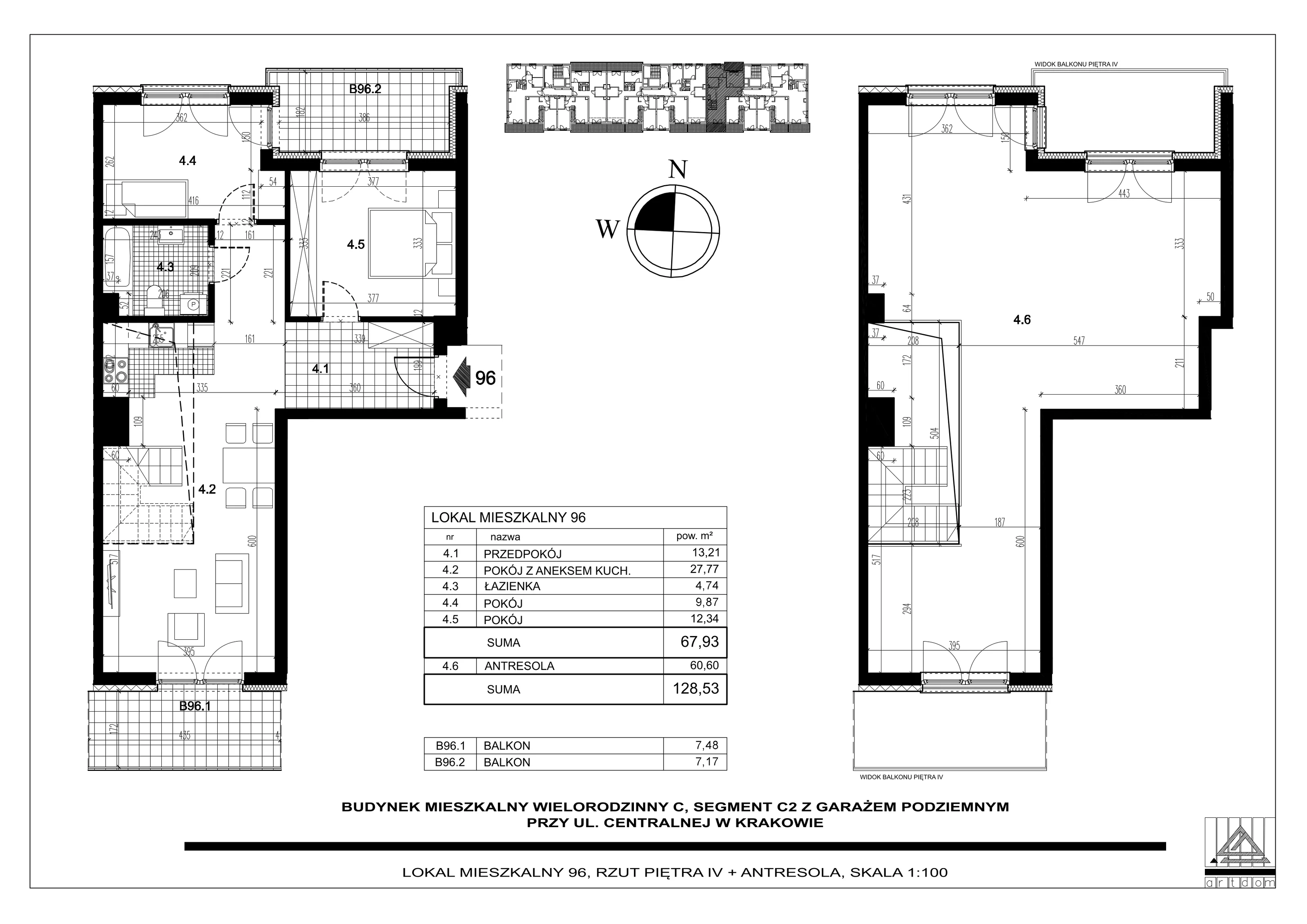 3 pokoje, mieszkanie 128,53 m², piętro 4, oferta nr 96, ul. Centralna - Etap II, Kraków, Czyżyny, ul. Centralna