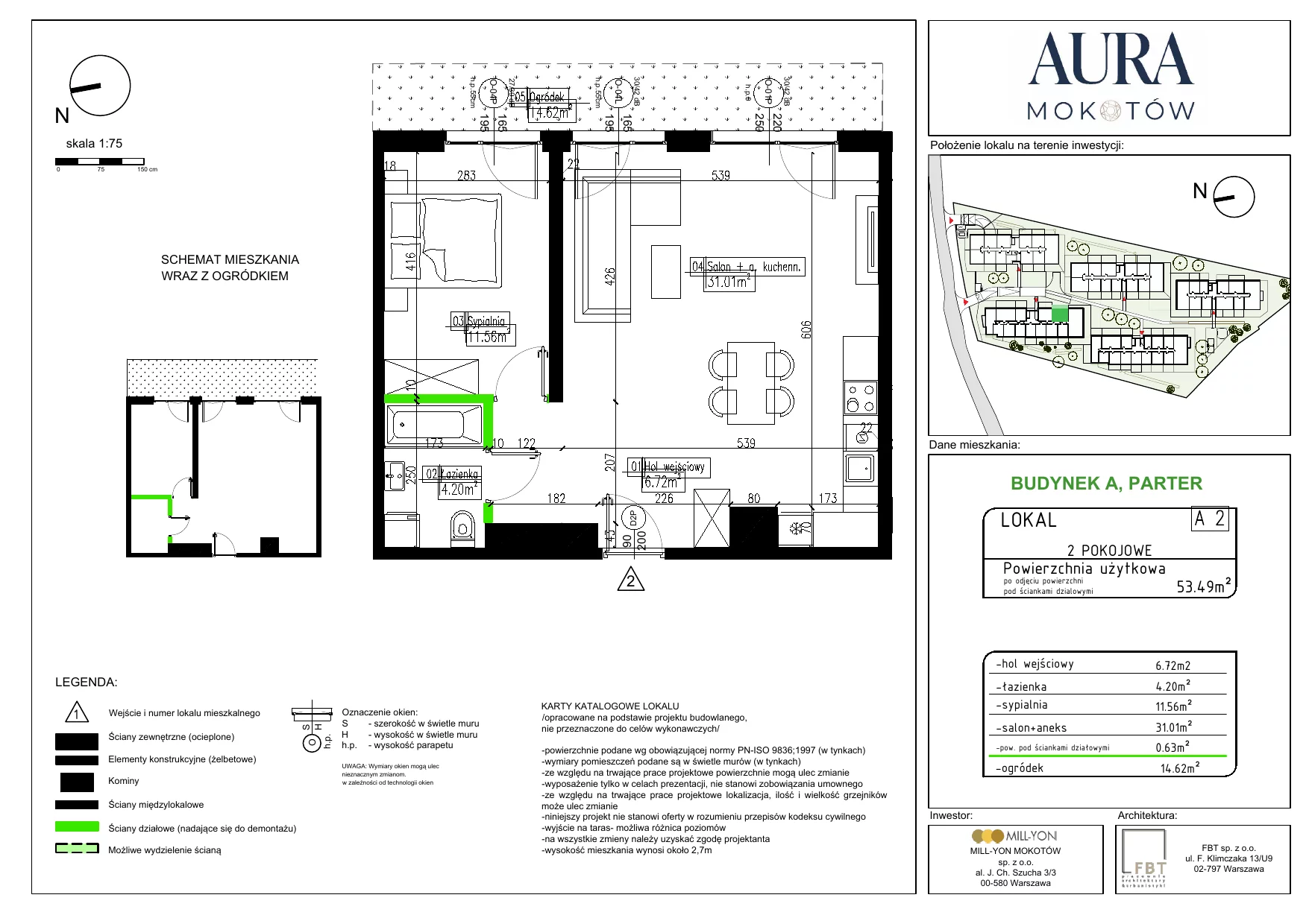 2 pokoje, mieszkanie 53,49 m², parter, oferta nr A2, Aura Mokotów I, Warszawa, Mokotów, Siekierki, ul. Bluszczańska