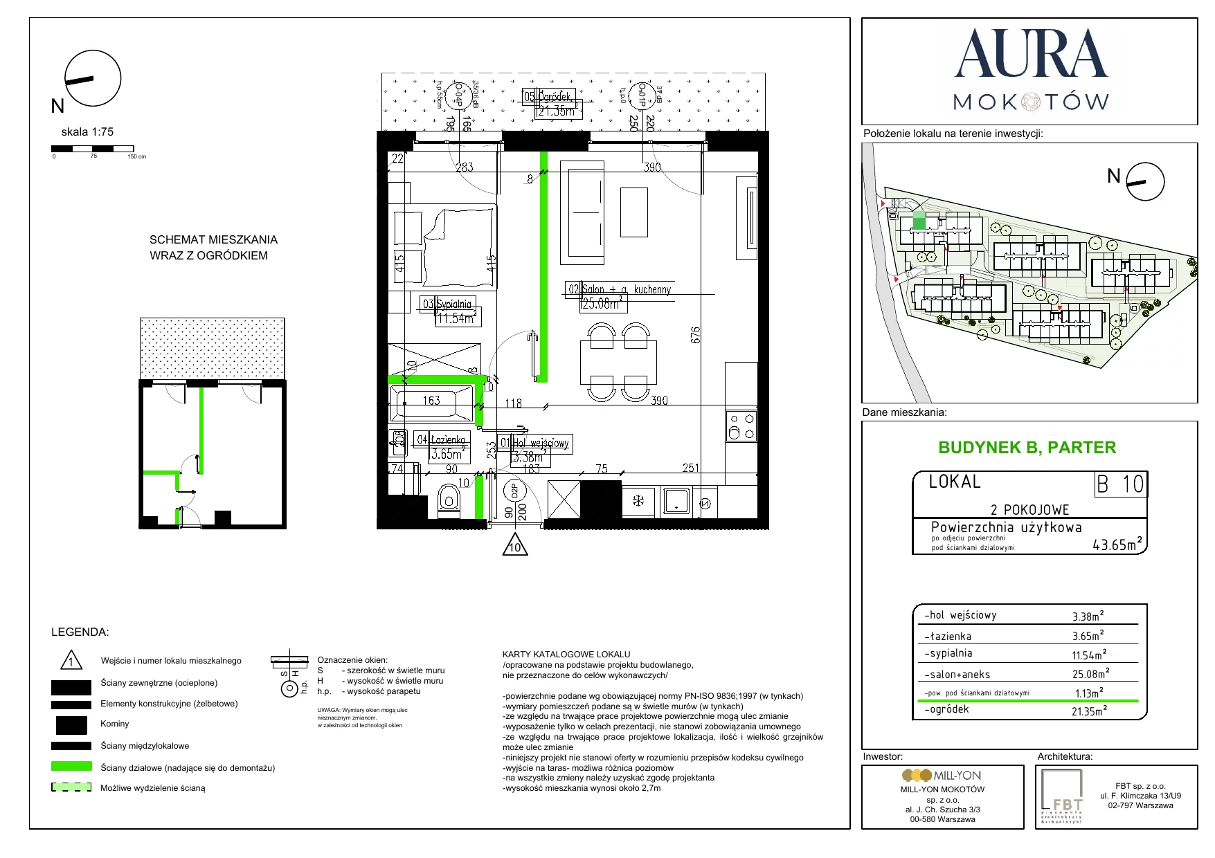 Mieszkanie 43,65 m², parter, oferta nr B10, Aura Mokotów I, Warszawa, Mokotów, Siekierki, ul. Bluszczańska