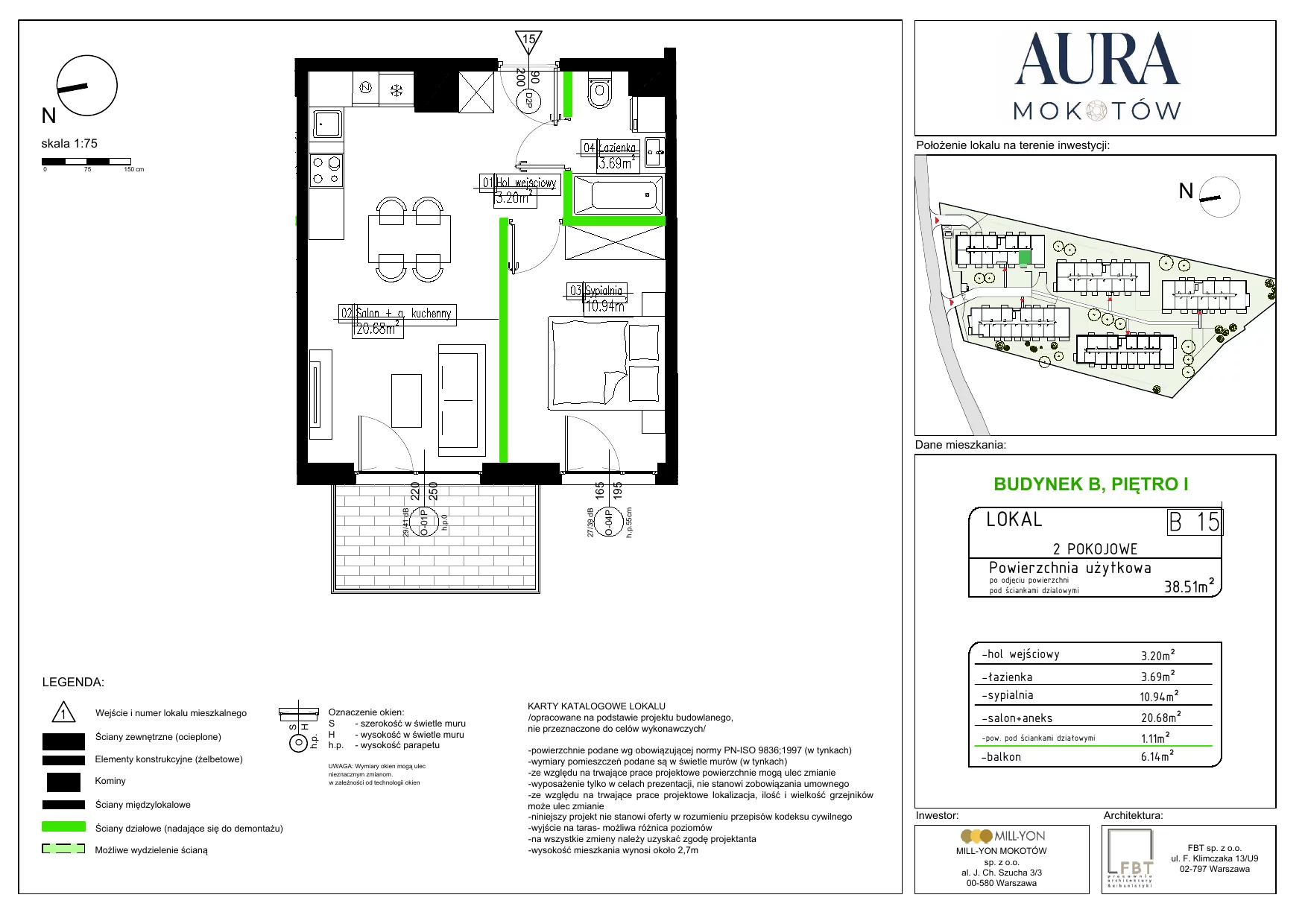 2 pokoje, mieszkanie 38,51 m², piętro 1, oferta nr B15, Aura Mokotów I, Warszawa, Mokotów, Siekierki, ul. Bluszczańska